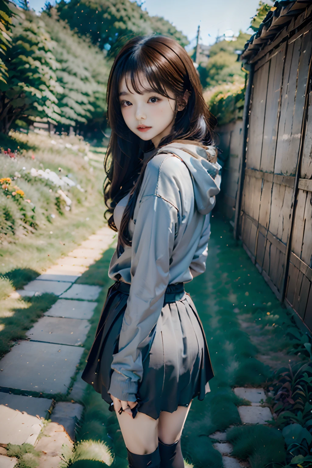 (((top-quality、masuter piece、ultra-detailliert、8k)))、独奏、Kawaii Girl、12year old、、Grey GAP Hoodie、a red skirt、Black knee socks、blurry backround:1.5、plein air、flower field