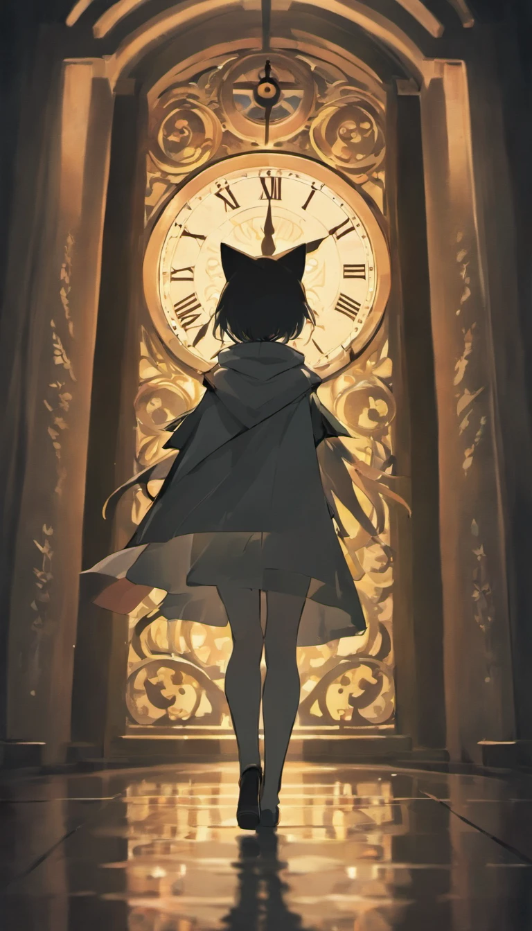 Anime scene of a silhouette of a cat in the distance in a cape standing in front of a clock, dreamy psychedelic anime, in style of cytus and deemo, videogame screenshot, screenshot from guro anime, animation still screencap, video game screenshot, cutscene footage, screenshot from the anime film, game screenshot, cinematics, game screenshot, still from tv anime