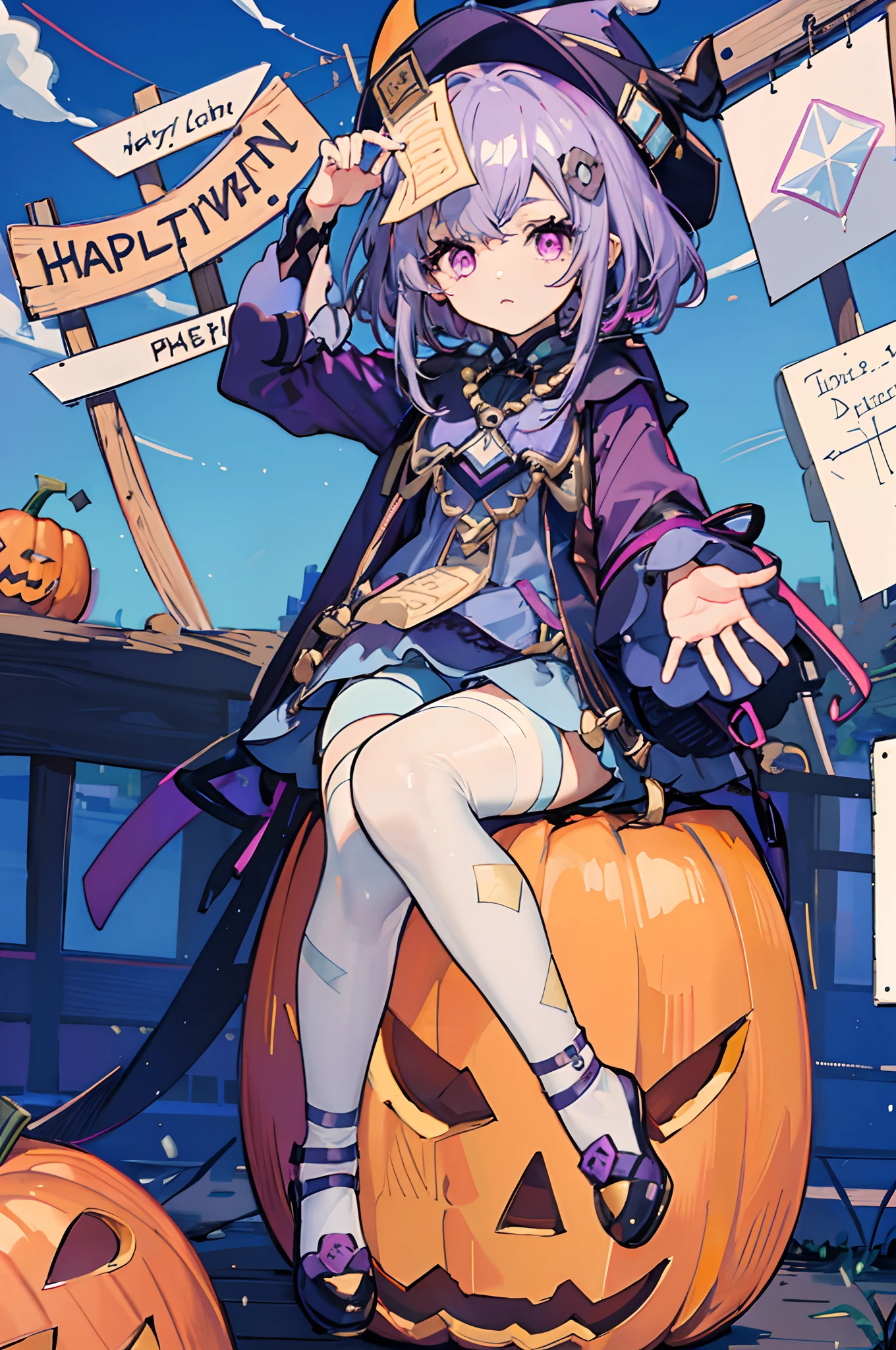 1  girl, light purple hair, dark purple hat, paper sign on her hat, magenta eyes, purple and blue outfit, long white socks, at the pumpkin patch, halloween, pumpkins