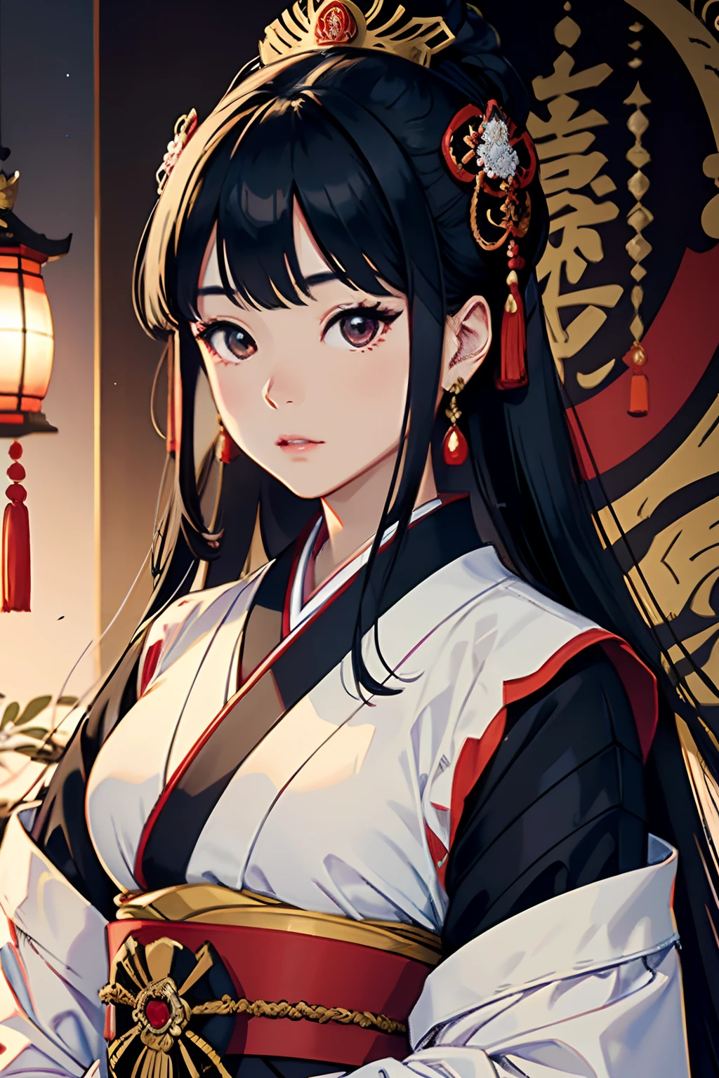 A Japanese Imperial Queen wearing traditional Royalty attire during the Japanese Empire, The Background is inside of the Imperial Palace, high quality, 8k, clear portrait, black hair