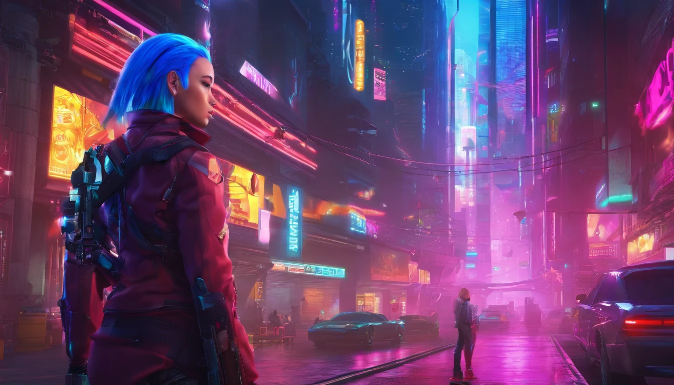 Blue hair, braided ponytail, magenta eyes, cowboy shot,Dynamic Angle,Please express the background of the metaverse space depicting the urban landscape of the near future with art. Ideally, your scene will include skyscrapers, shiny billboards, and futuristic vehicles.Create a metaverse background with cyberpunk elements. Paint a landscape with neon lights, technology-filled alleyways, and digital art integrated.Imagine the background of a metaverse space where futuristic nature and technology are fused. Express a landscape where advanced plants and ecosystems coexist with futuristic technology through art.