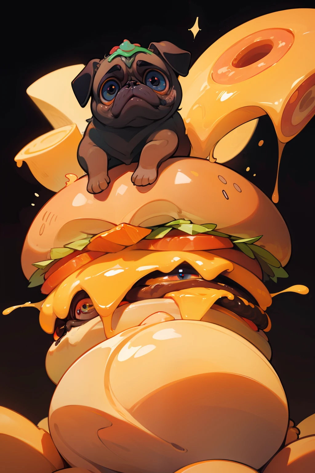 Portrait of a pug with large adorable anime eyes sitting on a juicy cheesy bacon cheese burger dripping with warm back light and a spotlight and a dark background