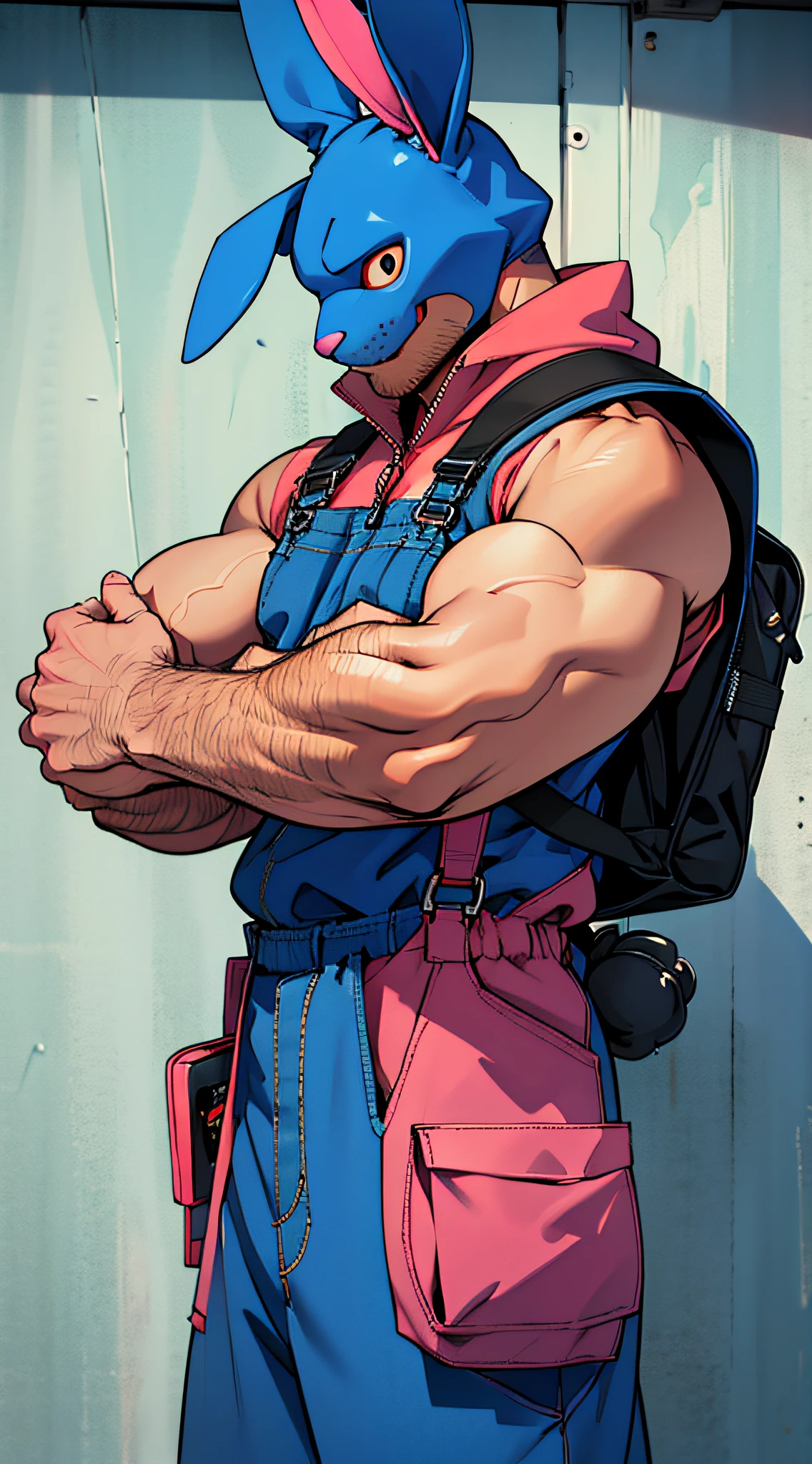ginger,strong man wearing a terror creepy big blue rabbit mask   wearing a pink sweater ,wearing blue fisherman's overalls police bulletproff vest and with a climbing backpack on his back