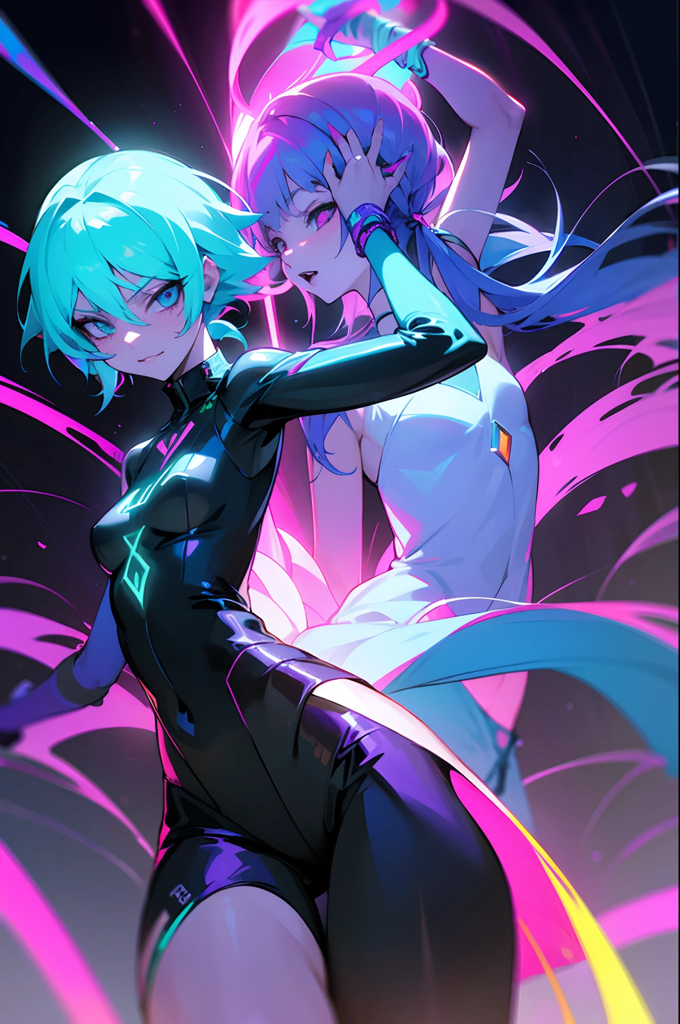 uneathly sureal lesbians dance crew flashy stylish badass wearing sureal trippy neon psy trance uv led lit back lighting rave dancing rave extreme crazy wild hardstyle