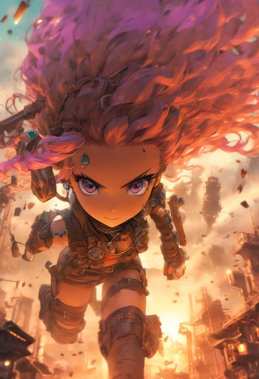 La fille steampunk post-apocalyptique la plus belle et la plus sexy, cheveux noirs, yeux violets, Wear highly detailed steampunk tactical gear, Des tonnes de tatouages et de piercings, Metal fragments blowing in the wind, Terrain vague post-apocalyptique, very detailed background, Perfect masterpiece, High quality, High resolution
