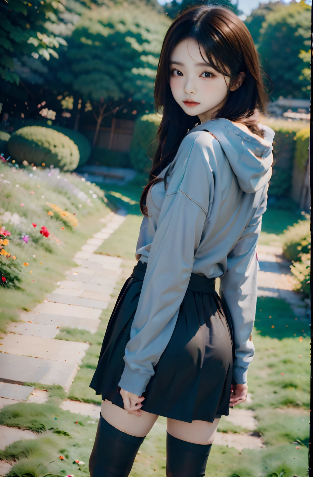 top-quality、masuter piece、ultra-detailliert、8k、独奏、Kawaii Girl、12year old、、Grey GAP Hoodie、a red skirt、Black knee socks、blurry backround:1.5、plein air、flower field