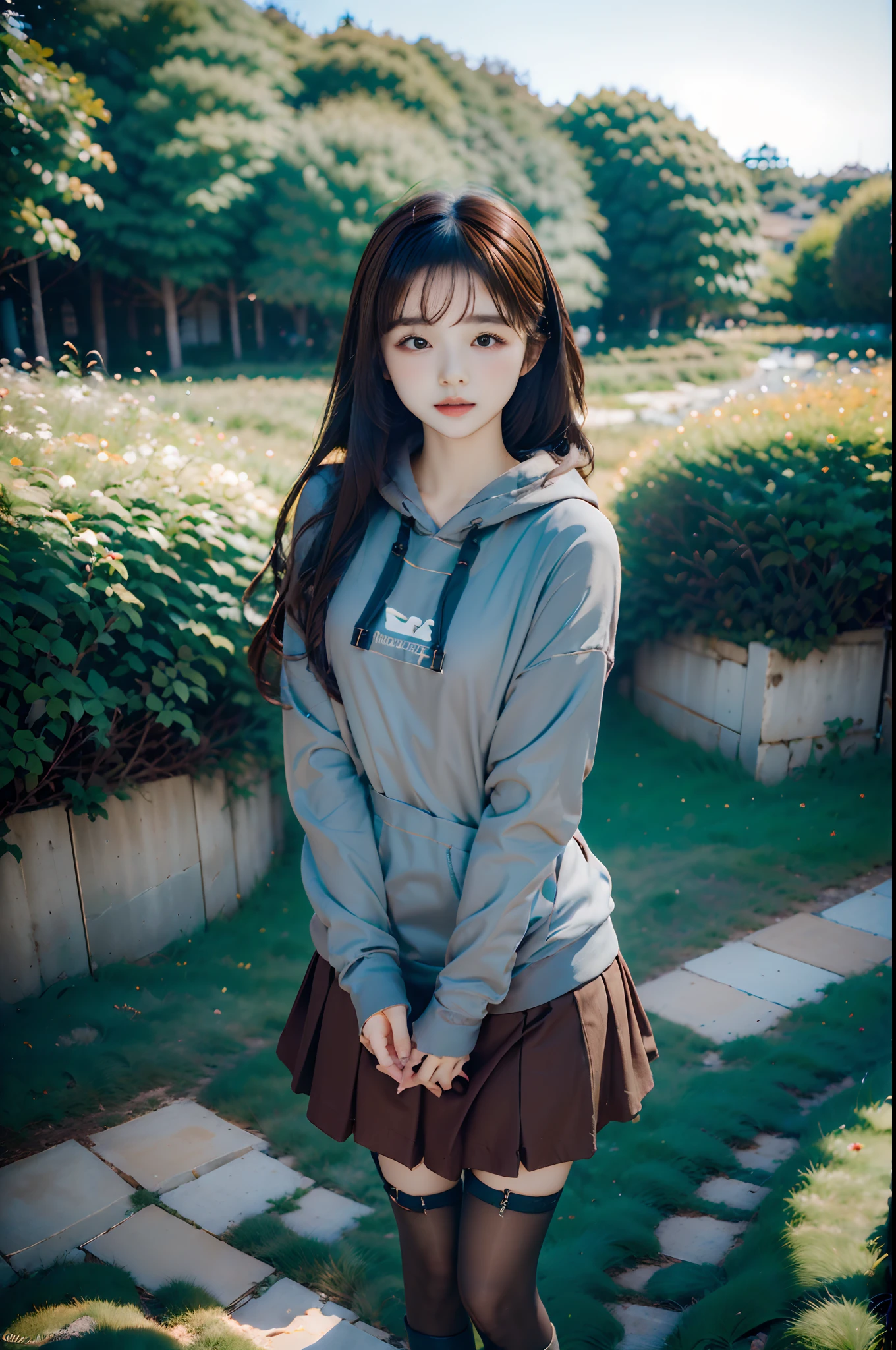 (((top-quality、masuter piece、ultra-detailliert、8ｋ)))、独奏、Kawaii Girl、12year old、、Grey GAP Hoodie、a red skirt、Black knee socks、blurry backround:1.5、plein air、flower  field