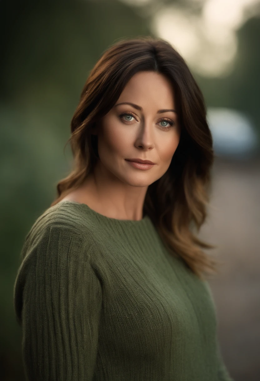 Photograph of a young woman Shannen doherty aged 25, wear an autumn sweater, belle et glamour, cheveux brune avec balayage blond, mid-length on one side, buste lourd 36DD, Look into the camera, symmetrical hazel green eyes, visage ovale,Morphologie 8, Ultra realistic photo, photographie, Path layout, specular lighting, Volumetric facial light, Hair path, Ombres visibles, complexe, elaborate