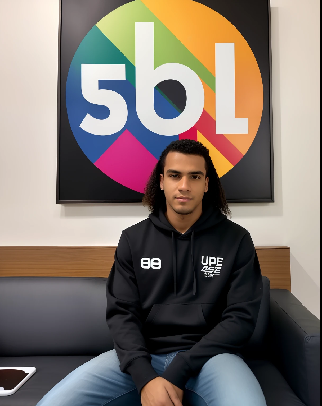Homem jovem asafe sentado em um sofa de couro em frente a um quadro SBT, pose casual, foto prossional camera ultra hd