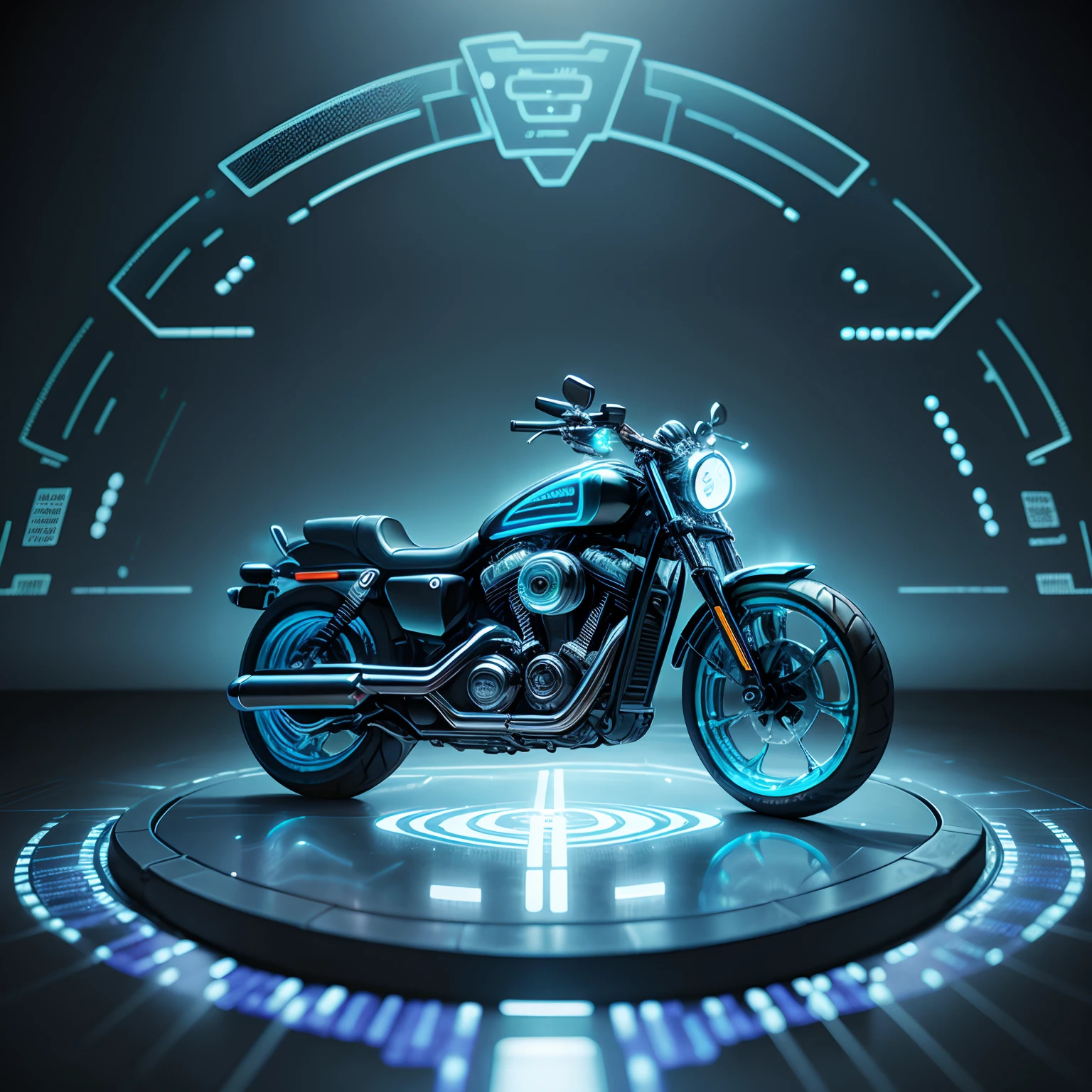 a holographic image of a Harley Davidson made from bioluminescent circuit board, background with 3d futuristic circuit boards, ar 5:7 -- s 500