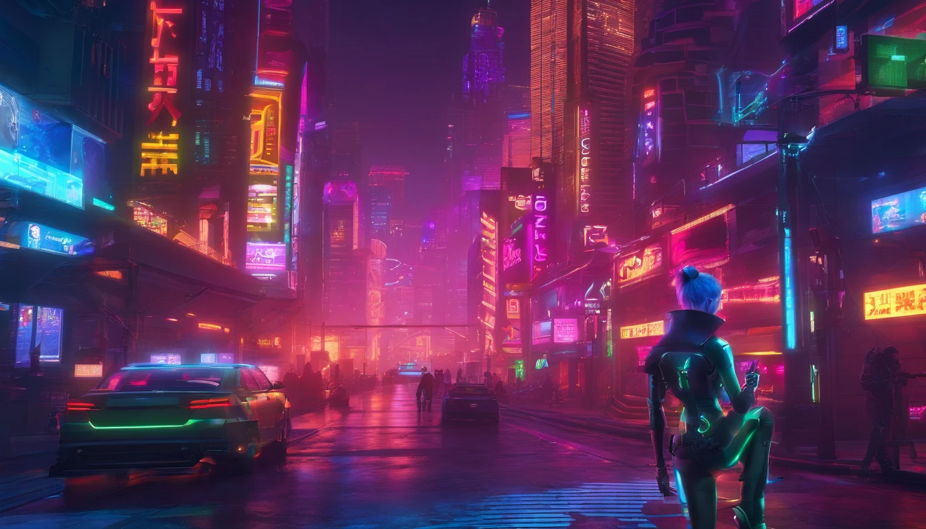 Blue hair, braided ponytails, Magenta eyes, Cowboy Shot,Dynamic Angle,Please express the background of the metaverse space depicting the cityscape of the near future with art. Ideally, Scenes include skyscrapers, Glossy signage, And futuristic rides.Create a metaverse background with cyberpunk elements. Painting landscapes with neon lights, Alleys full of technology, .