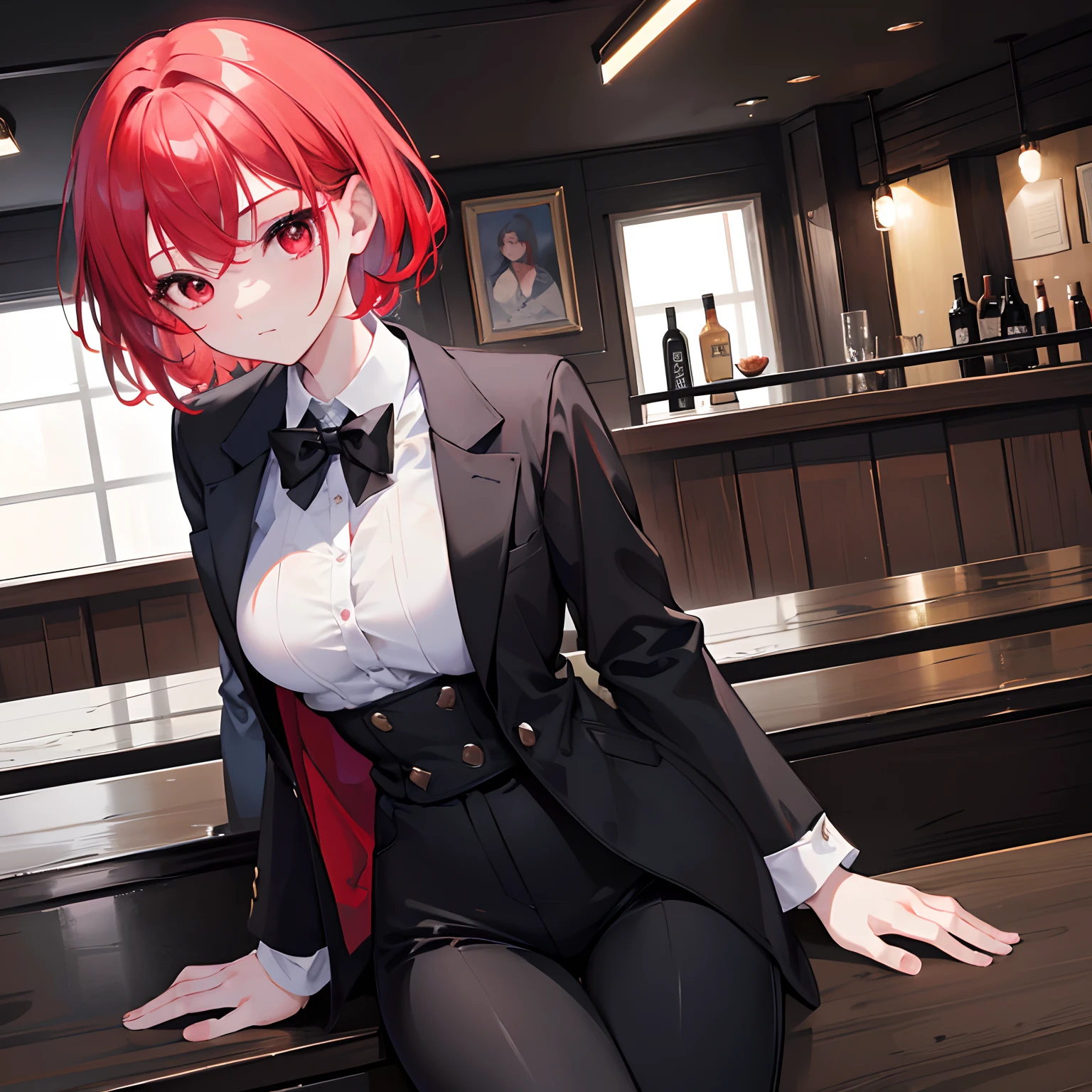 1girl, absurd resolution, masterpiece, realistic, extremely detailed, short, cute face, cute eyes, big red eyes, bright red eyes, short bright red hair, slender, (medium bust), small waist, white shirt, black jacket, black pants, in tavern, at bar, looking over, soft skin, soft face