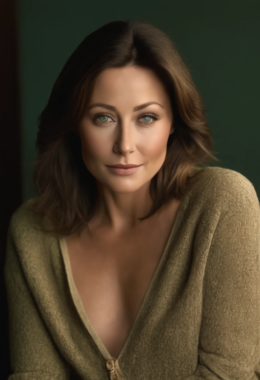 Photograph of a young woman Shannen doherty aged 25, wear an autumn sweater, belle et glamour, cheveux brune avec balayage blond, mid-length on one side, buste lourd 36DD, Look into the camera, symmetrical hazel green eyes, visage ovale,Tall and slim with a nice neck litter, maintient du corp droit, Ultra realistic photo, photographie, Path layout, specular lighting, Volumetric facial light, Hair path, Ombres visibles, complexe, elaborate