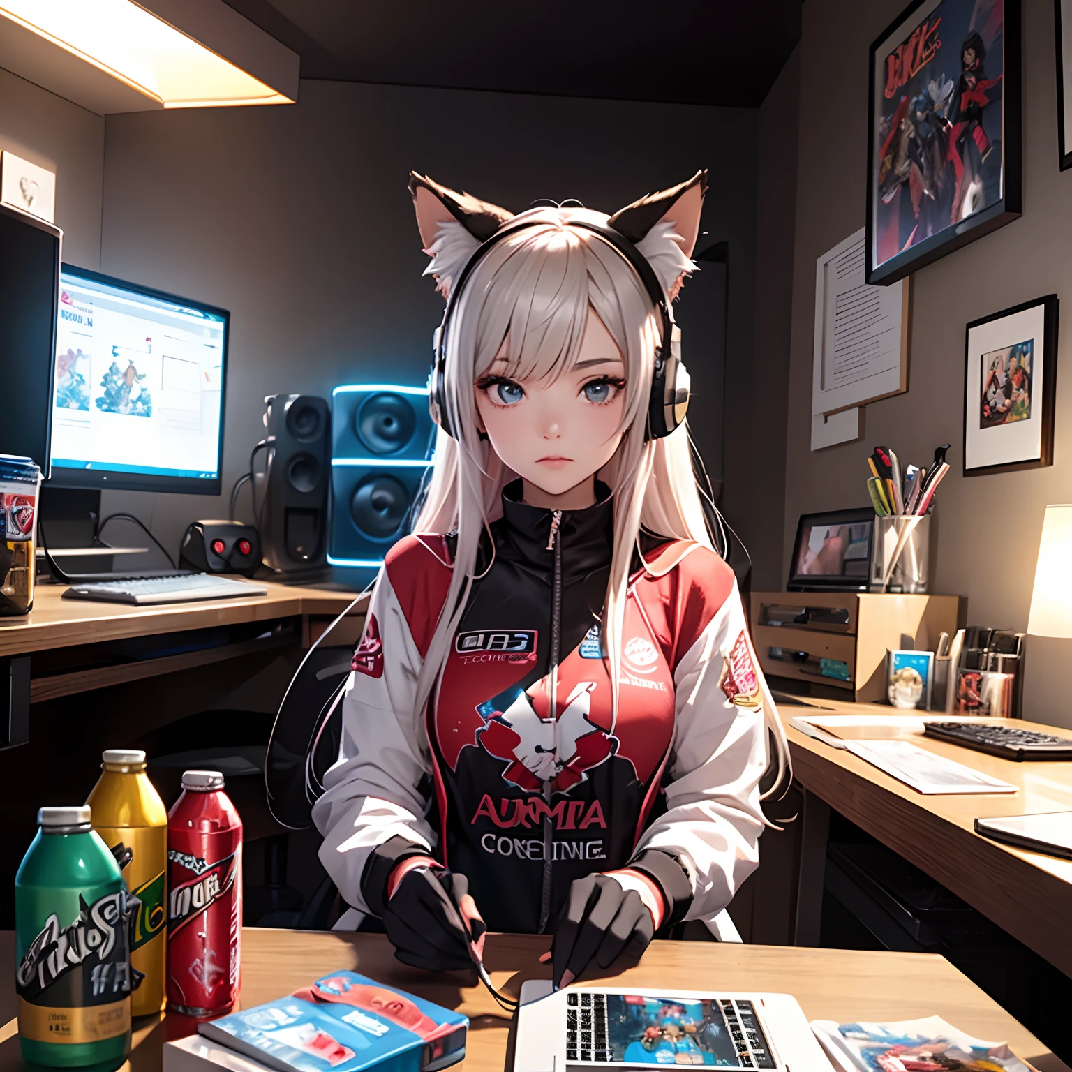 Twitchstreamer femenino, 1girl, Usar auriculares, escote, colorful lighting, Crea una imagen frontal de una joven gamer, Streamer sitting behind her laptop in her bedroom at night. Alice (cabeceo), CG 8K ultra realista, Traje rosa, Animal ear headphones, Ropa brillante, colas gemelas, Neon bodysuit. The room is filled with posters of your favorite games and action figures of your favorite characters. The young woman looks directly at the camera, con el rostro iluminado, showing determination and concentration.Alice is surrounded by her collection of video game consoles and her desk is covered in bottles of energy drinks and snack packs as she immerses herself in her virtual world..