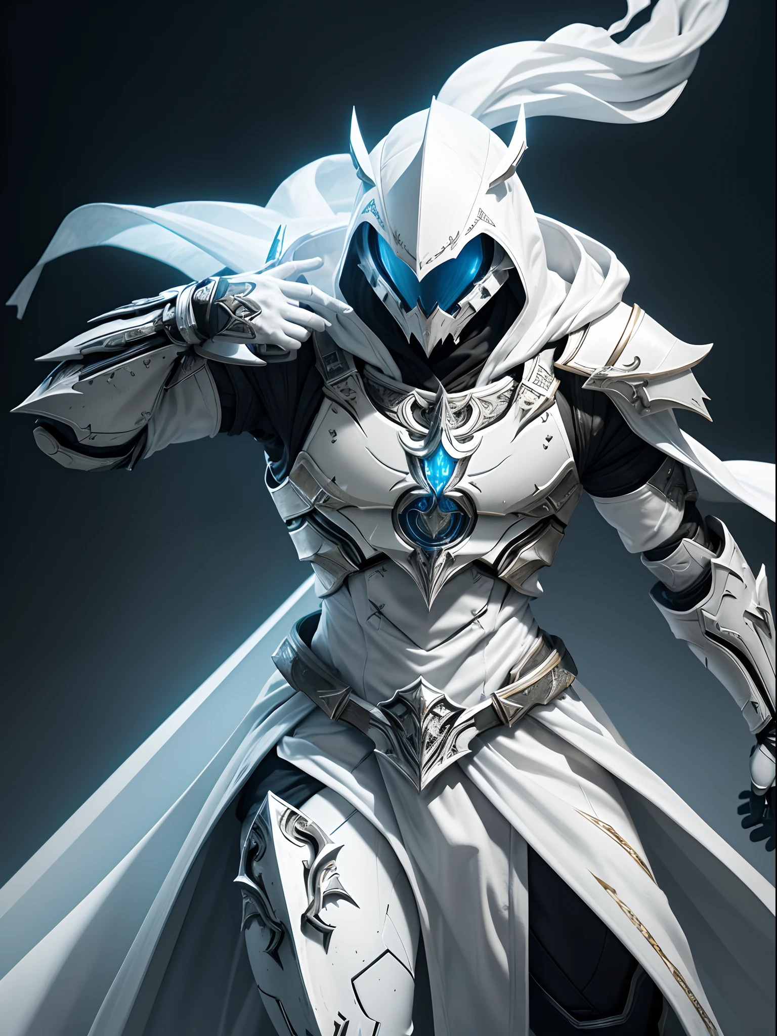 Masterpieces, White Knight, Commercial style shot, (action figure of Battle Priest in a warframe style armor with a white great sword ), (white blue and silver color scheme), (white hood with white flowing cloak), plastic material with metallic coating, (solid color background), centered, full body shot, (dynamic action stance pose), Arabic knight, assassin creed, black round stand base, vibrant colors, visible figure joints, cinematic shot, volumetric lighting, intricate pattern detail, highly detailed