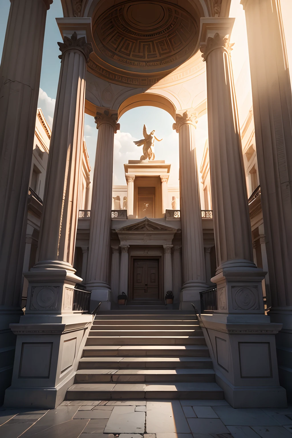 Entrance to a Greek temple with marble staircase and statues on both sides, 8k