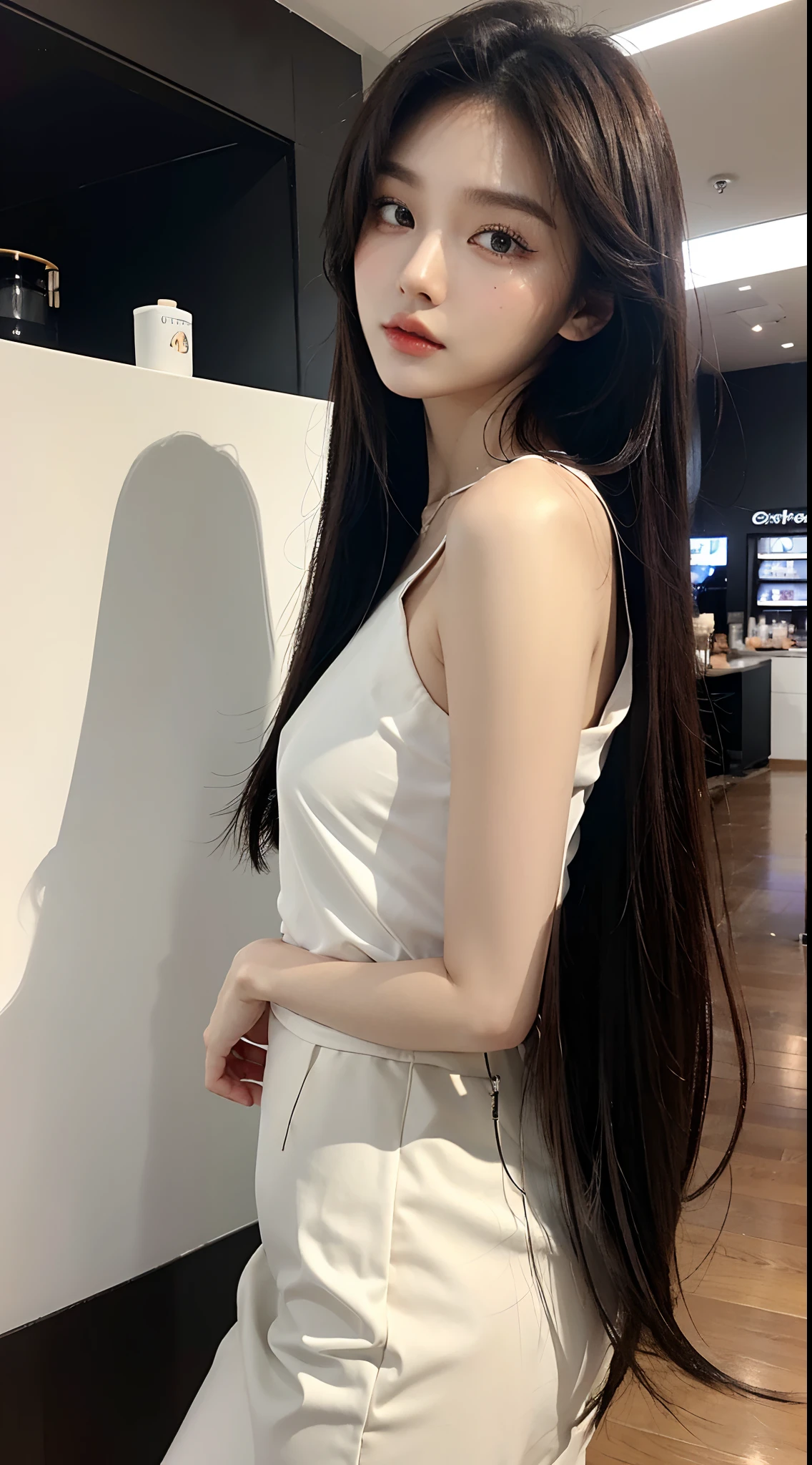 masterpiece、top-quality)、1 beutiful girl、Slim body、((Black and white plain clothes:1.1))、(Detailed beautiful eyes)、Walk around the store、((Boyish Brown Medium Hair))、((Smaller face))、((Neutral face))、((Face seen from the side))、((Light brown eyes))、((Korean Girl))、((25-years old))、((cool lady))、((Wild look))、((Korean Makeup))、((elongated and sharp eyes))、((Dating))、((looking distantly))、((boyish))、((Shot from the same height as your face))、((Viewers are taller))