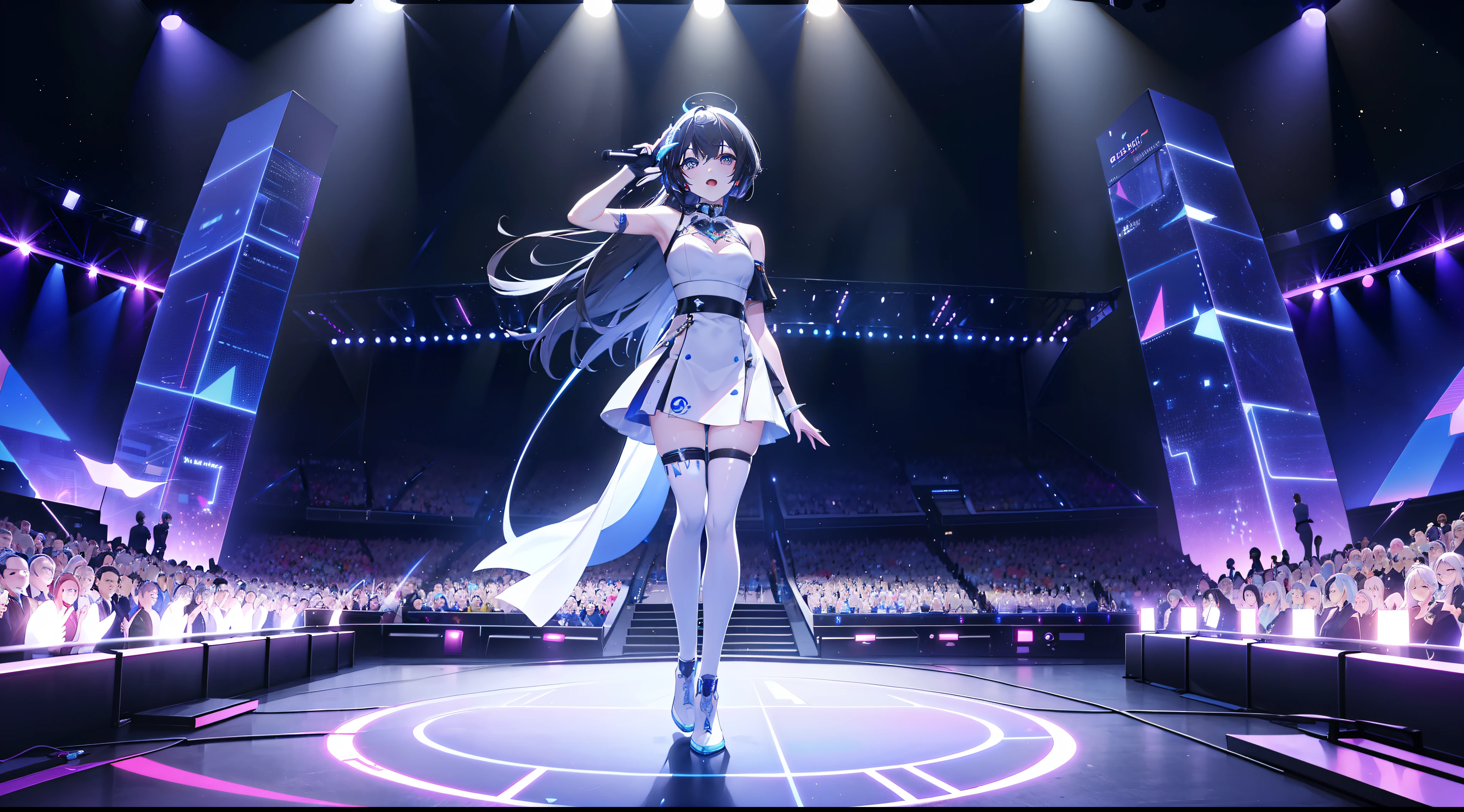 Create a creative art scene of AI singing on stage in front of an enthusiastic audience at a futuristic metaverse music festival. AI singer stands on holographic stage、Imagine playing music with digital licenses and emotions. Beautiful scene combined with audience reaction, Light production, And a futuristic musical experience,8K.High quality,hyper realistic,