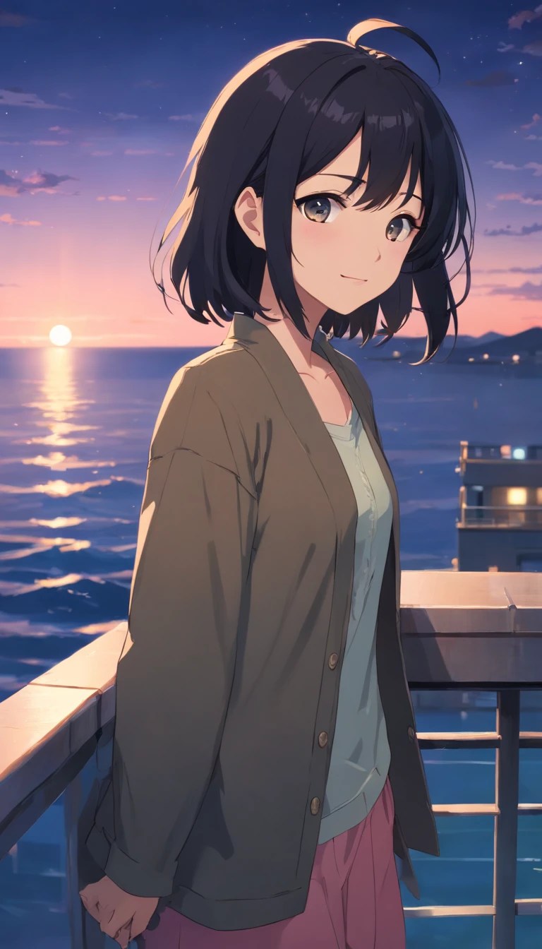 black hair color、length hair、Smaller face、a small nose、big eye、small ears、tiny chest、pale pink cheeks、woman、a smile、sea the background of、Splash、A slightly disgruntled face、stand in balcony at night and call some one