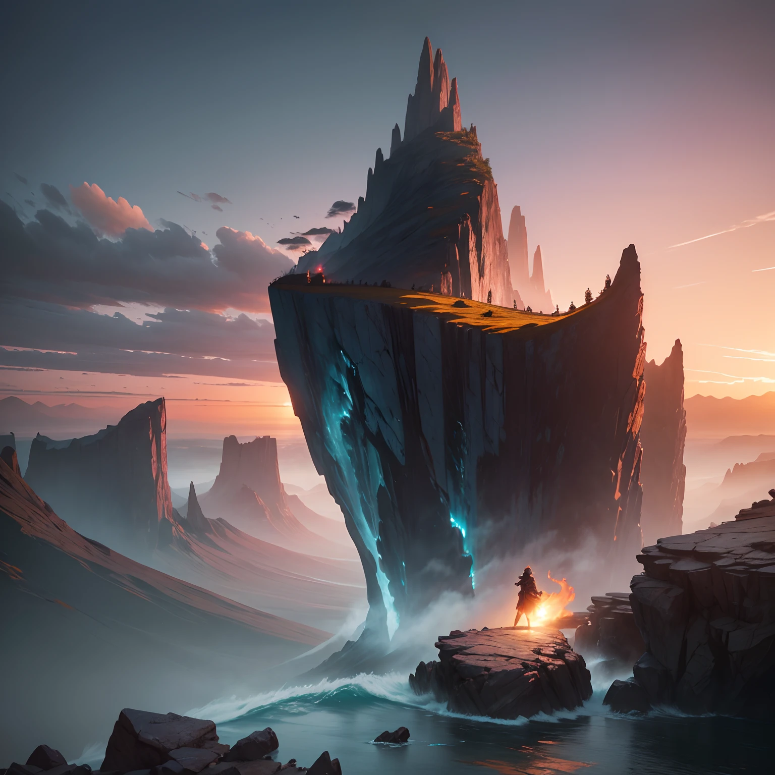 As the director of an epic fantasy film, envision a pivotal moment in your cinematic masterpiece. Describe an awe-inspiring scene where a valiant knight, clad in resplendent armor, stands atop a windswept precipice, bearing witness to an intensely dramatic sunset amidst jagged rocks. The sky blazes with fiery colors, casting a surreal glow on the rugged landscape below. A small boat, caught in the turbulent waters, adds to the intensity of the moment. Use meticulous attention to detail, cinematic techniques, and vivid language to transport your audience into this breathtaking and emotionally charged visual spectacle.