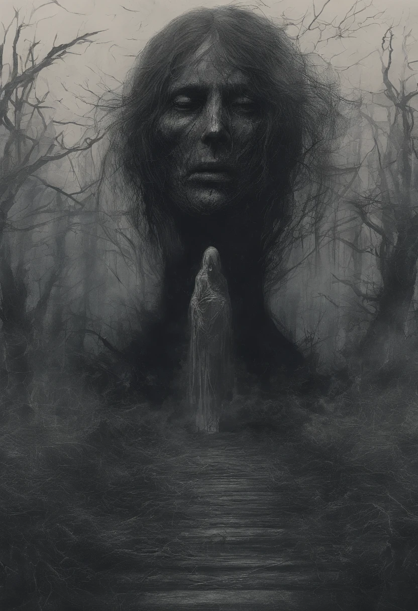 Ao ar livre，Sob uma lente grande angular, The horizon is infinite, The mist is dark, The vast earth is dark, There are some broken remains of Gothic houses in the night fog, The whole environment is reflected in the light white moonlight, In the middle of the photo is a male figure, Na frente do homem, Mulher simples com cabelo curto, Tudo ao redor, quieto, The whole image is black and gray, There is light and shadow