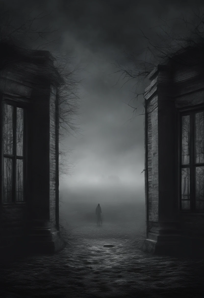 Ao ar livre,Sob uma lente grande angular, The horizon is infinite, The mist is dark, The vast earth is dark, There are some broken remains of Gothic houses in the night fog, The whole environment is reflected in the light white moonlight, In the middle of the photo is a male figure, Na frente do homem, Mulher simples com cabelo curto, Tudo ao redor, quieto, The whole image is black and gray, There is light and shadow