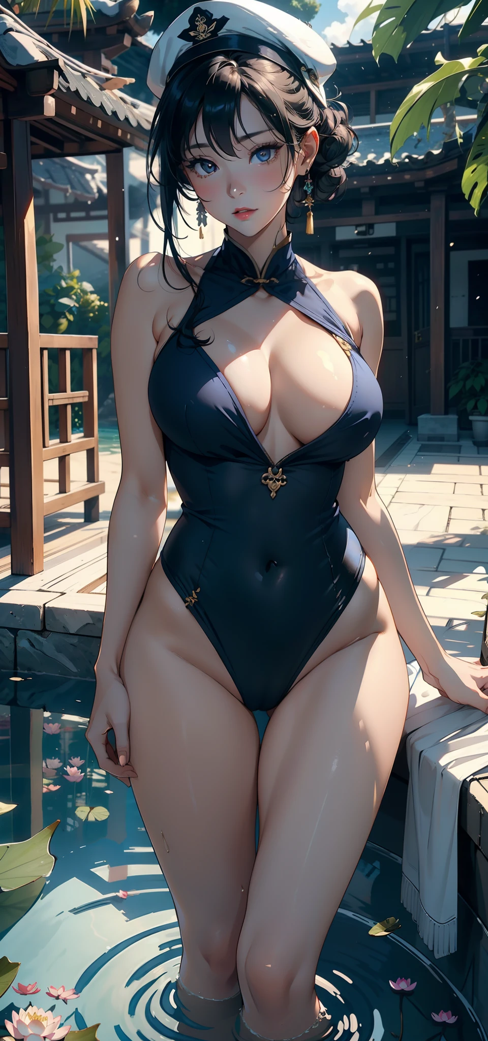 1female,35yo,plumw,extremely large bosom,Big breasts Thin waist,Long legs, 独奏,(Background with:,lotus flower,Swimming pool),legs are open,Bare genitalia,Bare , She has short black hair,Stand on a lotus leaf,seen from the front, single hair bun, mostly cloudy sky,(((tmasterpiece),(Very detailed CG unity 8K wallpaper),best qualtiy,cinmatic lighting,detailed back ground,beatiful detailed eyes,Bright pupils,Black eyes,Snow-whiteskin,Redlip(Very fine and beautiful),(Beautiful and detailed eye description),ultra - detailed,tmasterpiece,))facing at camera,A high resolution,ultra - detailed),revealing breasts,Bare genitalia, Bulge,legs are open,Raised sexy,Camel toes,Flushed complexion,Desire for dissatisfaction,frontage,Chinese Navy,Blue and white sailor suit,Sailor's cap