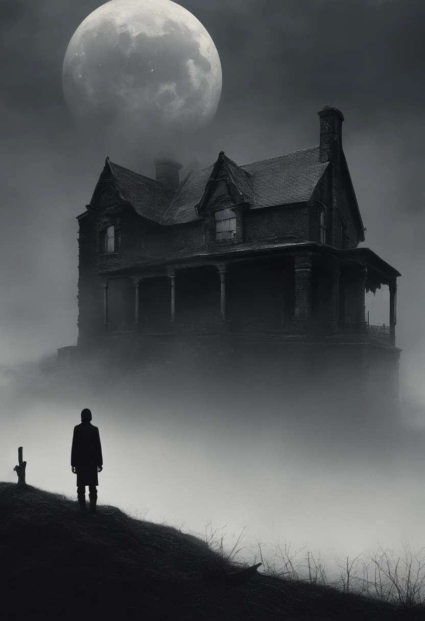Ao ar livre，Sob uma lente grande angular, The horizon is infinite, The mist is dark, The vast earth is dark, There are some broken remains of Gothic houses in the night fog, The whole environment is reflected in the light white moonlight, In the middle of the photo is a male figure, Na frente do homem, Mulher simples com cabelo curto, Tudo ao redor, quieto, The whole image is black and gray, There is light and shadow