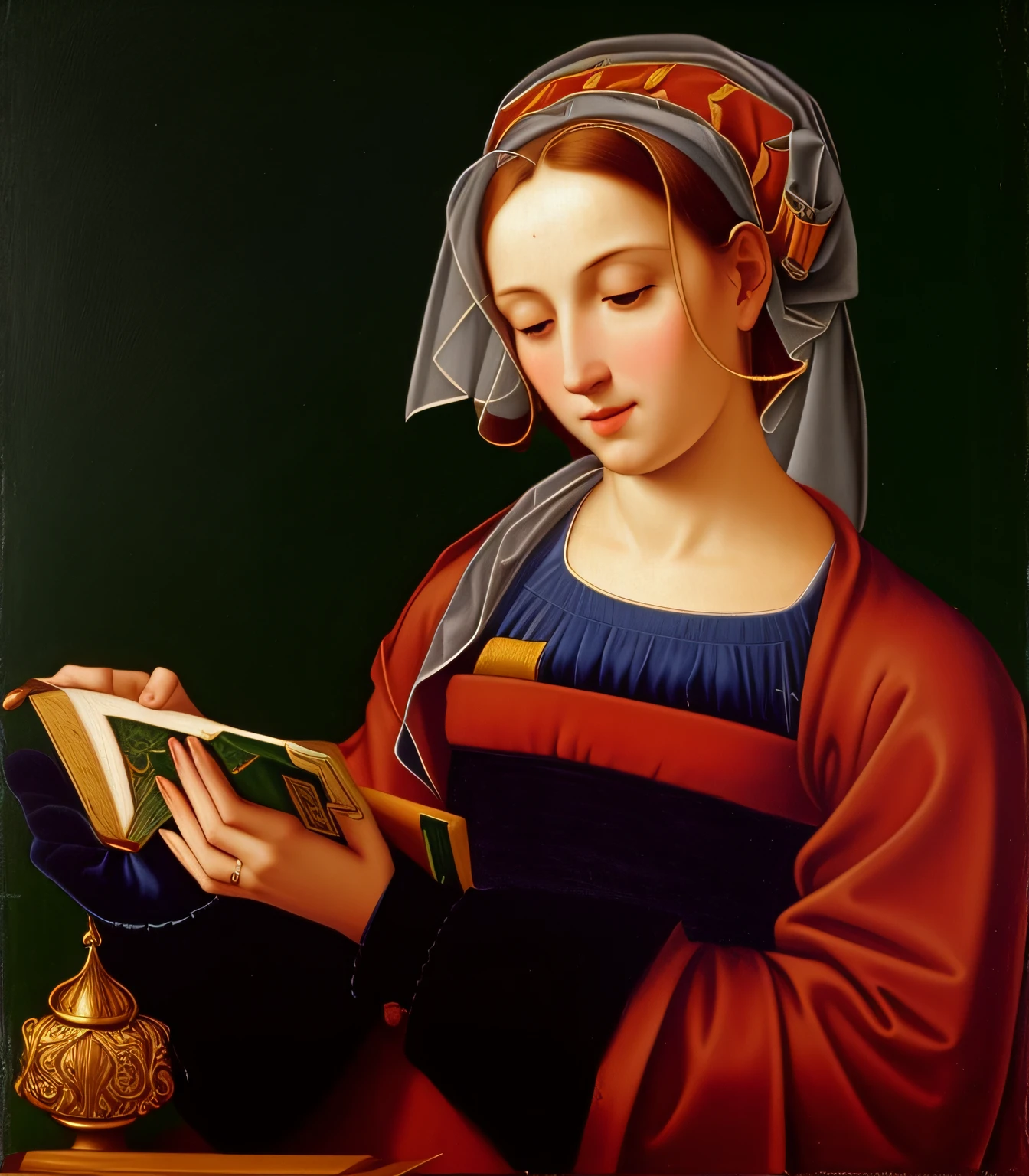 um close up de uma pintura de uma mulher lendo um livro, por Mestre da Lenda de Santa Luzia, Oil portrait of the 1500s, Directed by: Gerard David, 16th-century painting, pintura flamenga, artista desconhecido, artista desconhecido, rennaissance masters portrait, Retrato de uma sacerdotisa, por Peter Christ, of a 15th century
