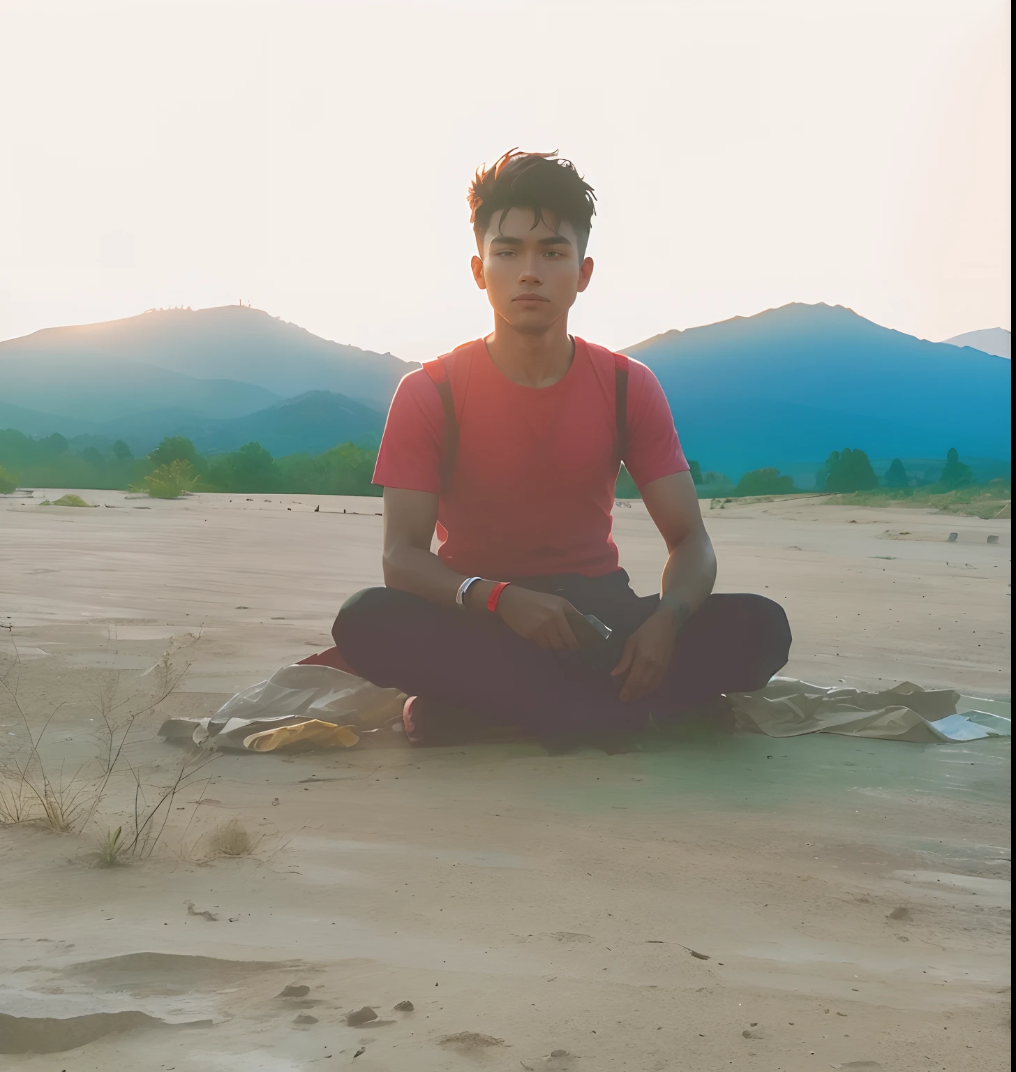 Create realistic, sitting on car bonnet with red and blue light bag round