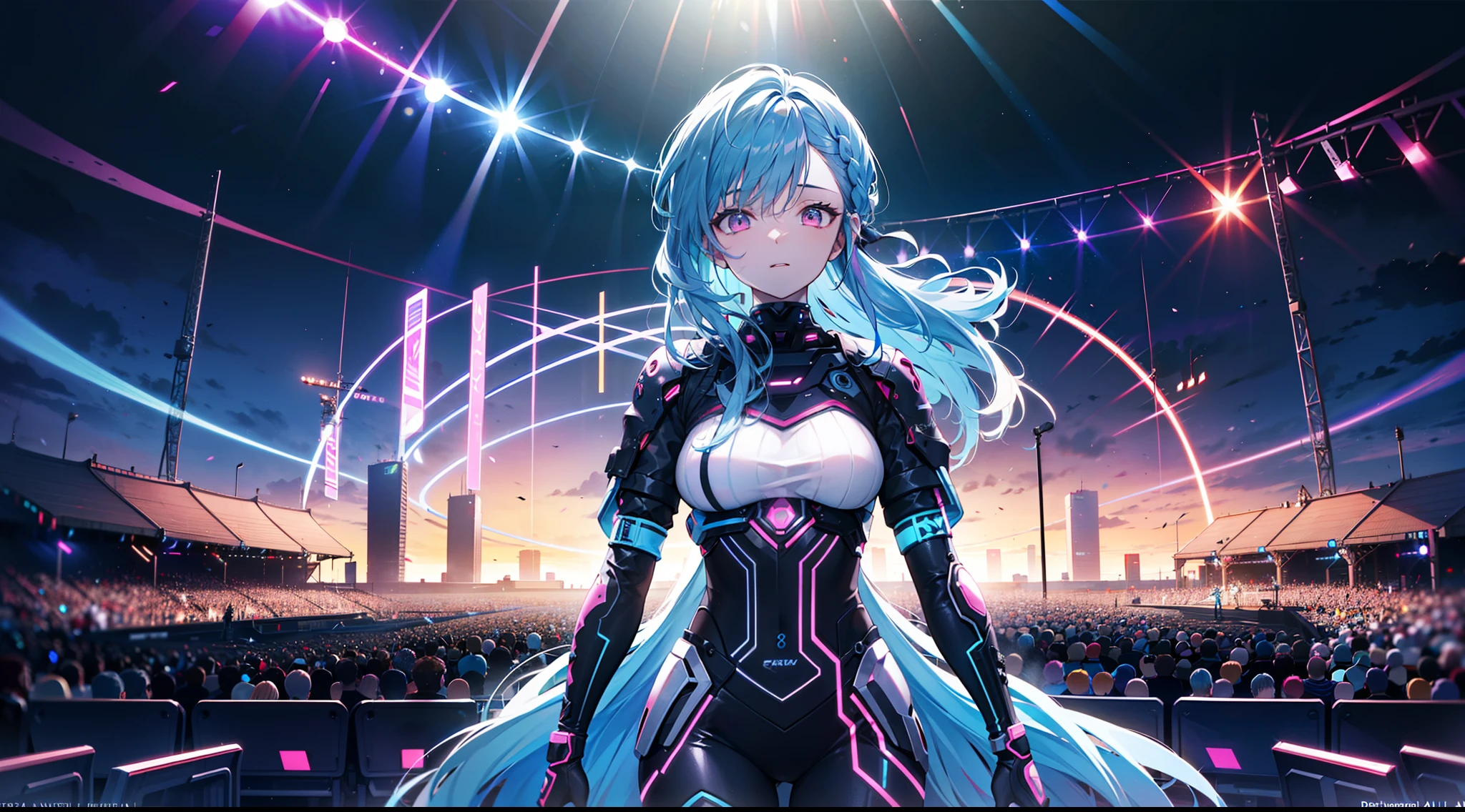 Blue hair, braided ponytail,pink eyes, Fair skin ,Cowboy Shot,Dynamic Angle,Front shot, right side.There are many bright cyber-metaverse cities in the background, very detailed beautiful face and eyes, AI creative art scene singing on stage in front of an enthusiastic audience at a futuristic metaverse music festival. AI singer stands on holographic stage、Imagine playing music with digital licenses and emotions. Beautiful scene combined with audience reaction, Light production, And a futuristic musical experience,8K.High quality,Hyper realistic,