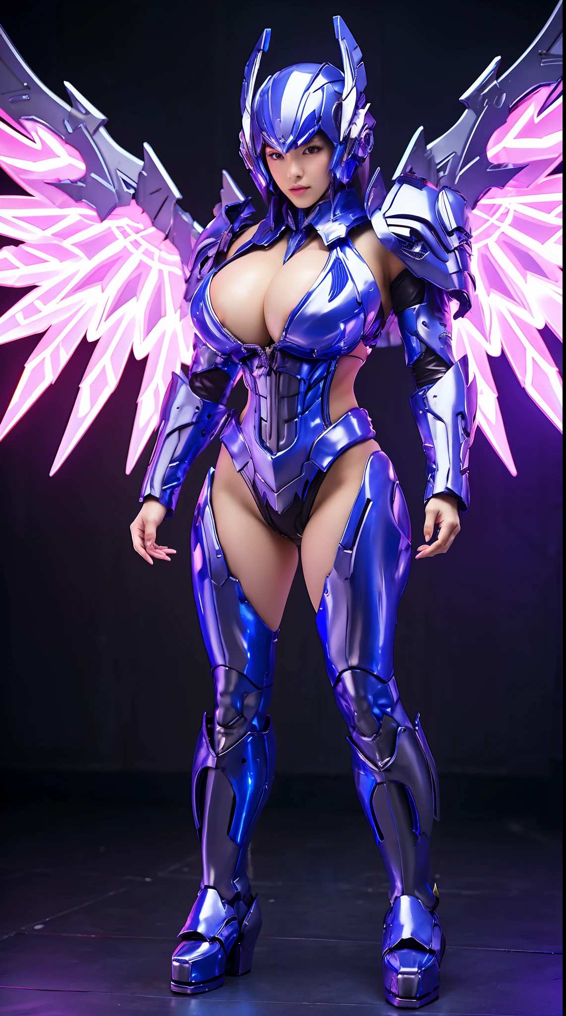 HUGE BOOBS, RGB, MECHA ARMOR FULL SUIT, (CLEAVAGE), (A PAIR LARGEST WINGS), TRANSPARANT, TALL LEGS, STANDING, SEXY BODY, MUSCLE ABS.