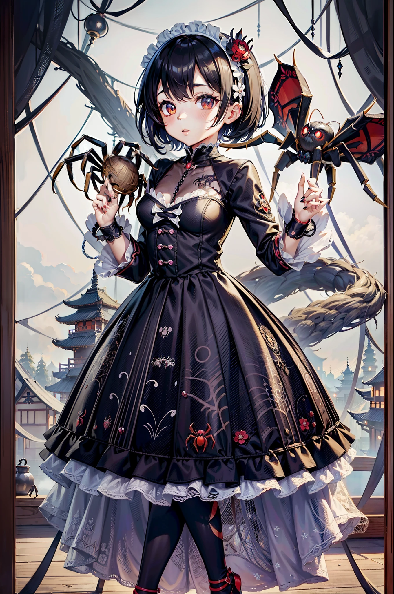 Beautiful girl fused with a spider. Girl in Japanese style maid costume. ((Female Solo. 1.1)) . hiquality. Dark fantasy style illustration. she has short hair. ratex. Shining eyes. Spider legs extending from behind her. tarantula. Embroidery with a spider web pattern. Spider web tattoo. monstergirl. Dark indoor. Wooden house.