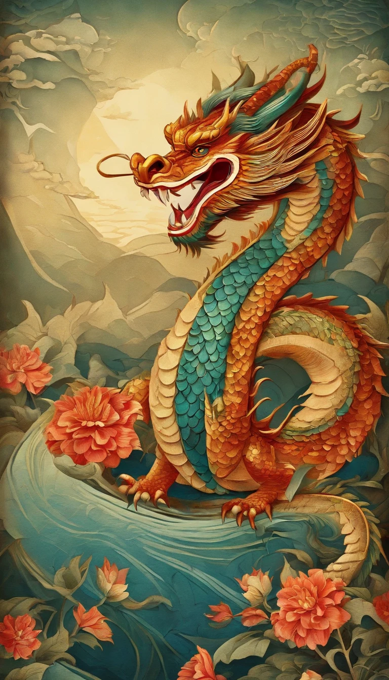 Best quality, chinesedragon,glimmering, , 2D, flat, Adorable, Vintage, Art on cracked paper, fairytale-like, Detailed illustration of the storybook, Cinematic, hyper HD, detaile, Beautiful details, mistic, Luminism, Vibrant colors,