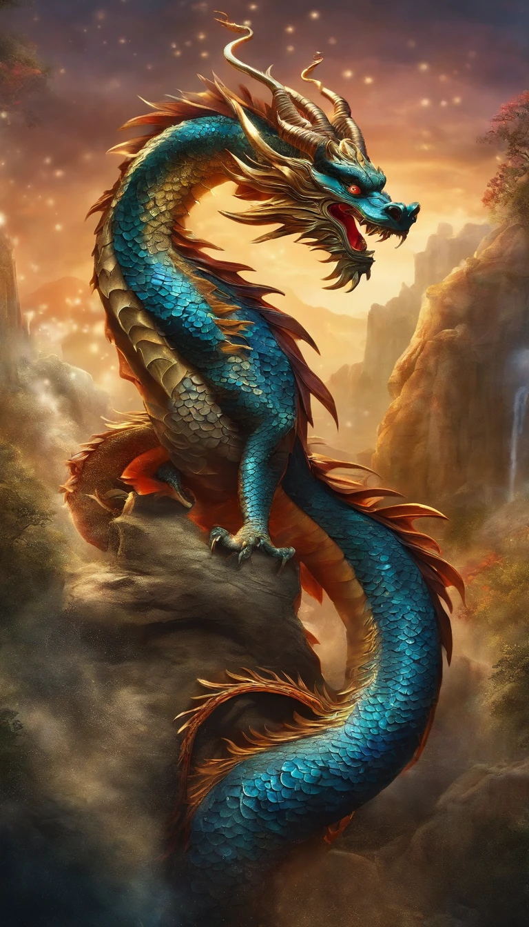 Best quality, chinesedragon，glimmering, , 2D, flat, Adorable, Vintage, Art on cracked paper, fairytale-like, Detailed illustration of the storybook, Cinematic, hyper HD, detaile, Beautiful details, mistic, Luminism, Vibrant colors,