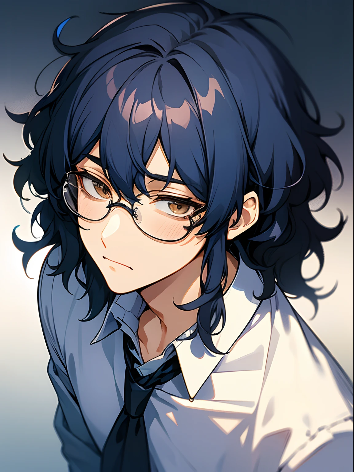 Tsumugi aoba, anime boy, tall male, short length hair, bangs, very messy hair, wavy hair, dark blue hair, navy blue hair, tall, masterpiece, best quality, flawless skin, detailed eyes, brown eyes, messy hair, hot, very tall, broad shoulders, nervous, low angle, outside, knitted sweater, unbuttoned sweater, button up shirt, shirt under sweater, nervous, glasses, clumsy, fluffy bangs, streaks in hair, scientist, very dark blue hair, very dark navy hair, buttoned up shirt, handsome, young man, young adult, male character, awkward, shy, anxious, wearing uniform, school uniform, bulky build, wide shoulders, wide frame, handsome, aloof, portrait, frontage