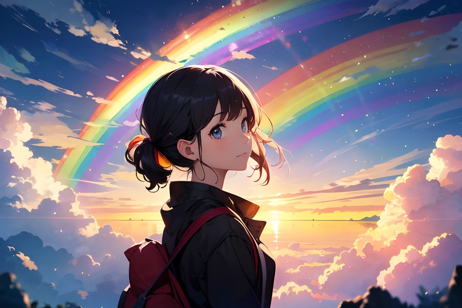 a girl looking on cloud world, rainbow on the sky,