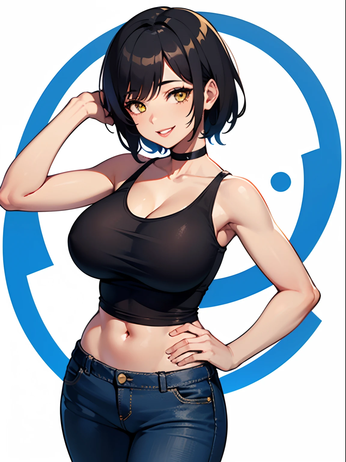 1girl, short black hair, tomboy, yellow eyes, black tank top, black choker, big breast, brown skin, full lips, smile, blue skinny jeans, portrait, full body, white background, looking at the camera, from the front