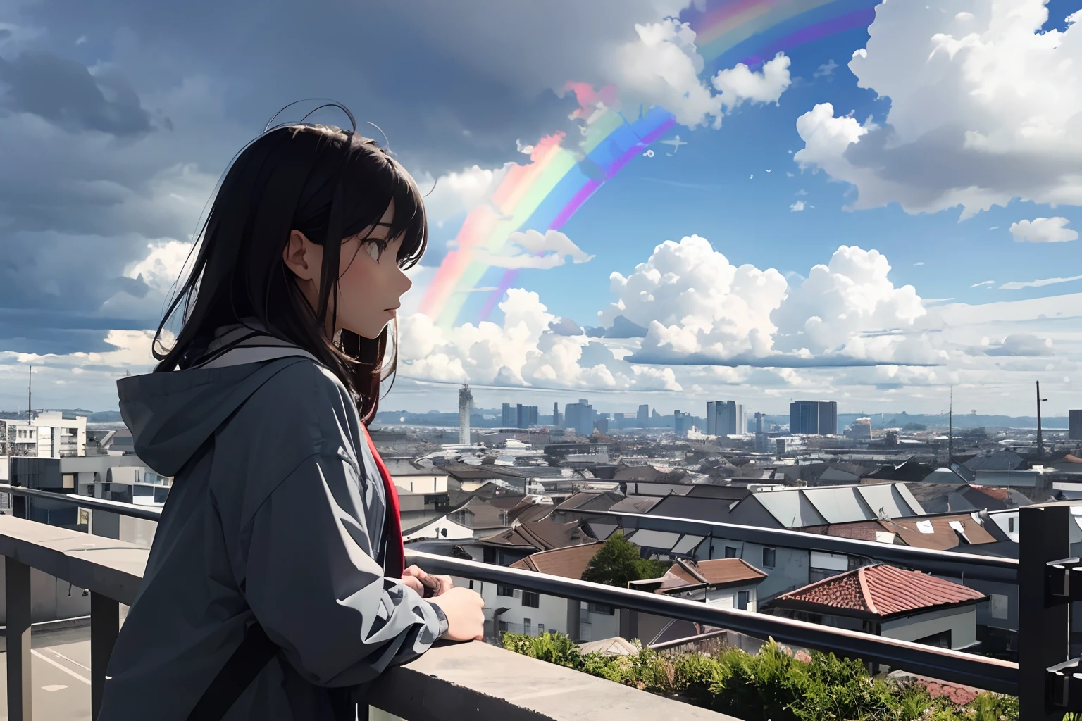 a girl looking on grey cloudy sky, rainbow on the sky,