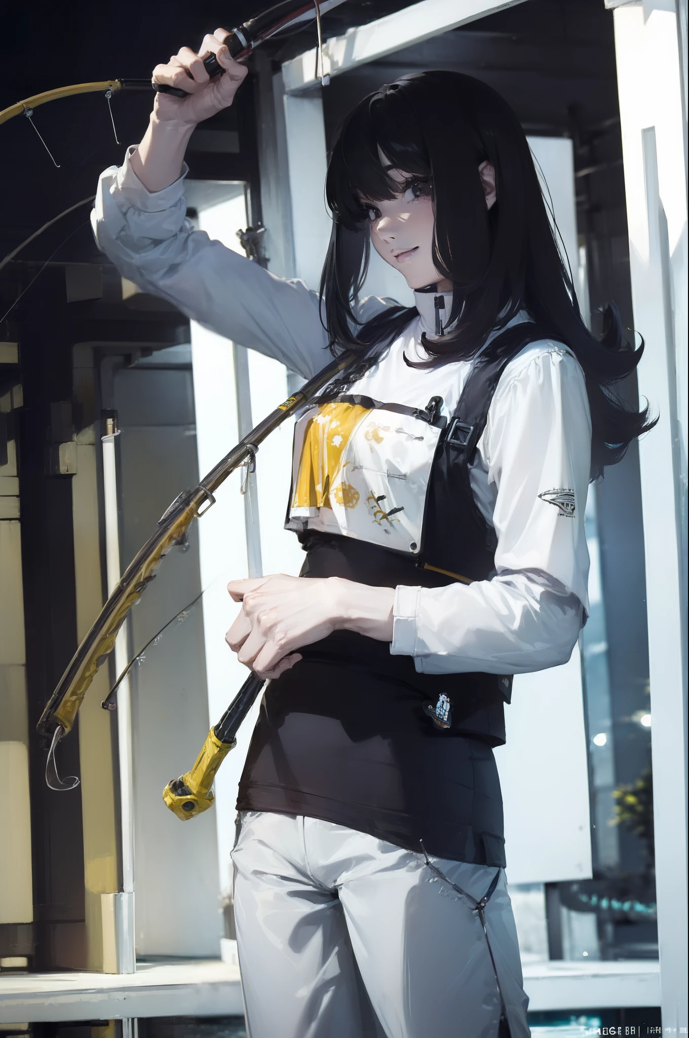((((Have a fishing rod with a reel:1.5)))),((Female 28 years old)),((Best Quality:1.5)),(((Fine fingers、Ratio 4 fingers and 1 thumb,detailed arms,detailed human hands))),(((Hands with the correct number and structure of fingers:1.4))),((Lakeside:1.37)),hight resolution,ultra-detailliert,masterpiece,best qualtiy,(Eight-headed body),(1 fishing rod,Holding a fishing rod in your hand,Fishing lure rod,Fishing Reels,Long Sleeve Outdoor Vest,Long pants for fishing,Big backpack),thin and long legs,Beautiful hip line,Beautiful spine,constricted back,Toned waist,beutiful breast),,Gentle smile,shiny lip,(1 fishing rod,Straight stretch fishing rod,Long fishing rod,Woman fishing with fishing rod in hand),Black hair, long eyeslashes, Solid Circle Eyes, drop shadow, Atmospheric perspective,Super Detail, ccurate, small brest,top-quality, blurry backround, bokeh dof:1.2, (masterpiece:1.3), Atmospheric perspective,Super Detail,dynamic compositions, Ultra High Quality,