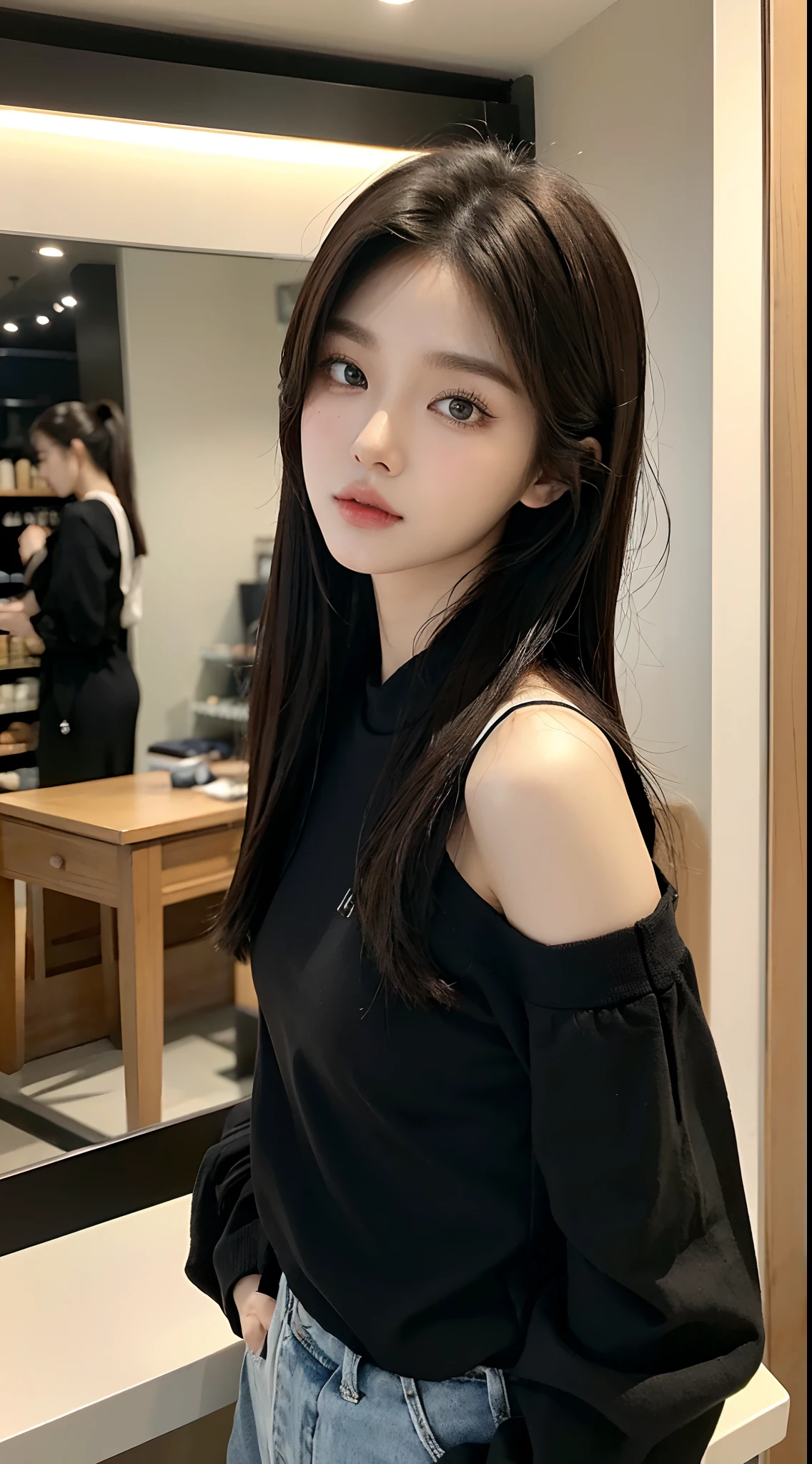 masterpiece、top-quality)、1 beutiful girl、Slim body、((Black and white plain clothes:1.1))、(Detailed beautiful eyes)、Walk around the store、((Boyish Brown Medium Hair))、((Smaller face))、((Neutral face))、((Face seen from the side))、((Light brown eyes))、((Korean Girl))、((25-years old))、((cool lady))、((Wild look))、((Korean Makeup))、((elongated and sharp eyes))、((Dating))、((looking distantly))、((boyish))、((Shot from the same height as your face))、((Viewers are tall))