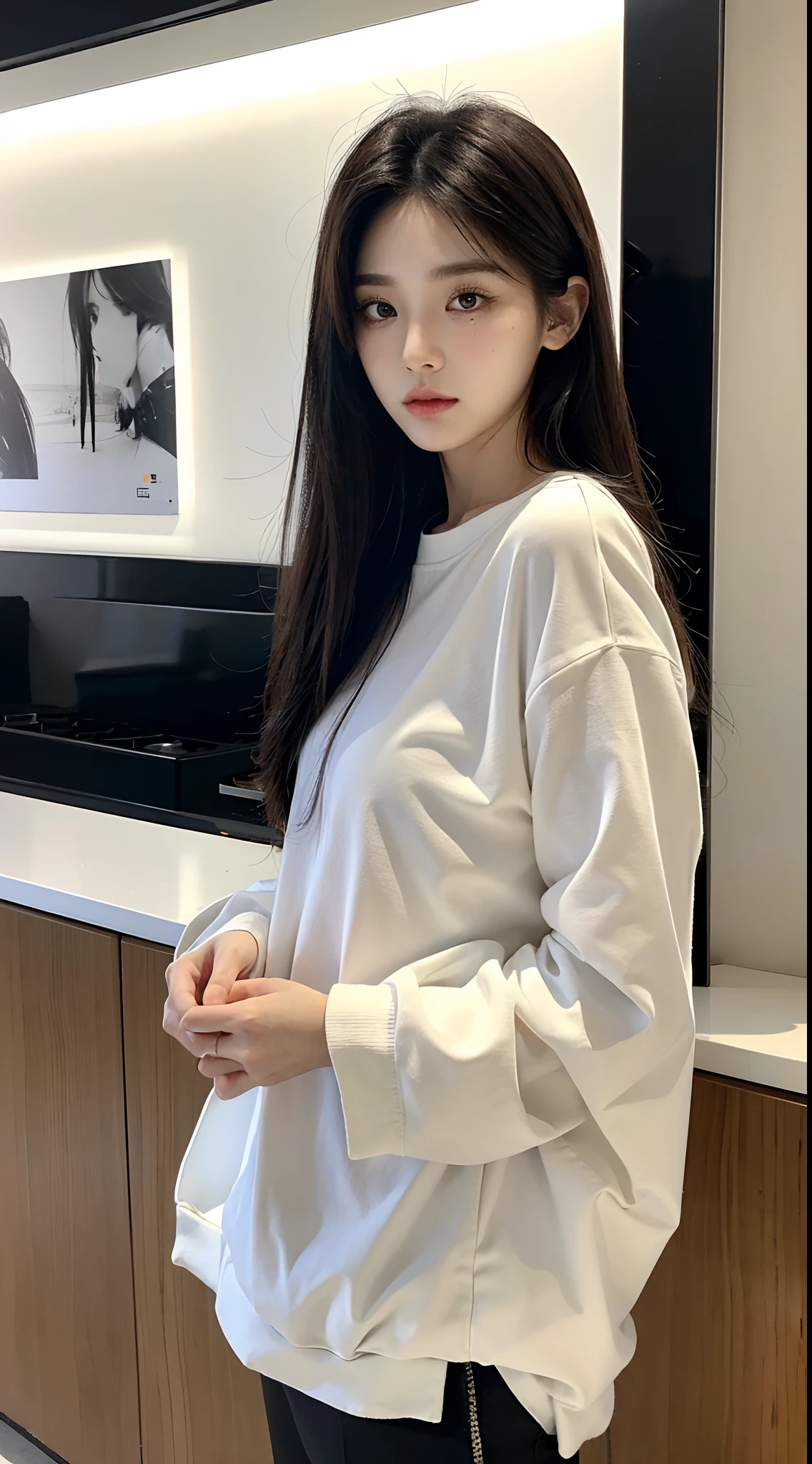 ​masterpiece、top-quality)、1 beutiful girl、Slim body、((Black and white plain clothes:1.1))、(Detailed beautiful eyes)、Walk around the store、((Boyish Brown Medium Hair))、((Smaller face))、((Neutral face))、((Face seen from the side))、((Light brown eyes))、((Korean Girl))、((25-years old))、((cool lady))、((Wild look))、((Korean Makeup))、((elongated and sharp eyes))、((Dating))、((looking distantly))、((boyish))、((Shot from the same height as your face))、((Viewers are tall))