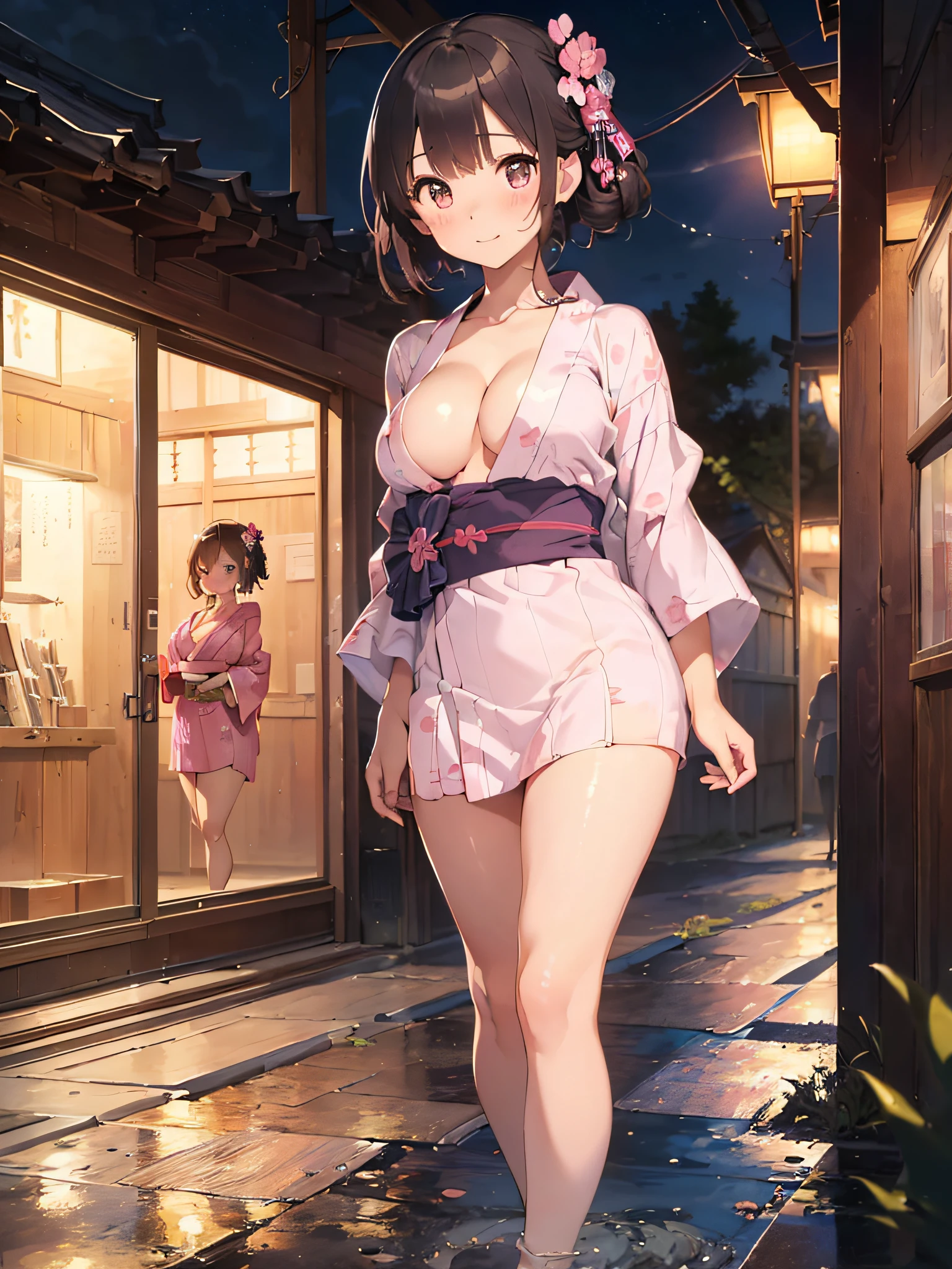 (masterpiece:2.0), (top-quality:2.0), (naked:1.5), (super mini skirt extremely small pink yukata:1.5), (super thin fabric:1.5), (sexypose:1.5), (blushed face:1.3), (barechested:1.3), (realistic:1.5), 1 girl, precise hands, Embarrassed look, light smile, Look at me and smile, extremely cute girl, innocent face, young face, Clear eyes, Shining eyes, small breast, (cleavage of the breast is visible:1.5), (the thighs is visible:1.5), The crotch is visible, No pubic hair, full body, The beautiful skin, ultra-definition, Top resolution, japan high school student, brown hair, at the night festival