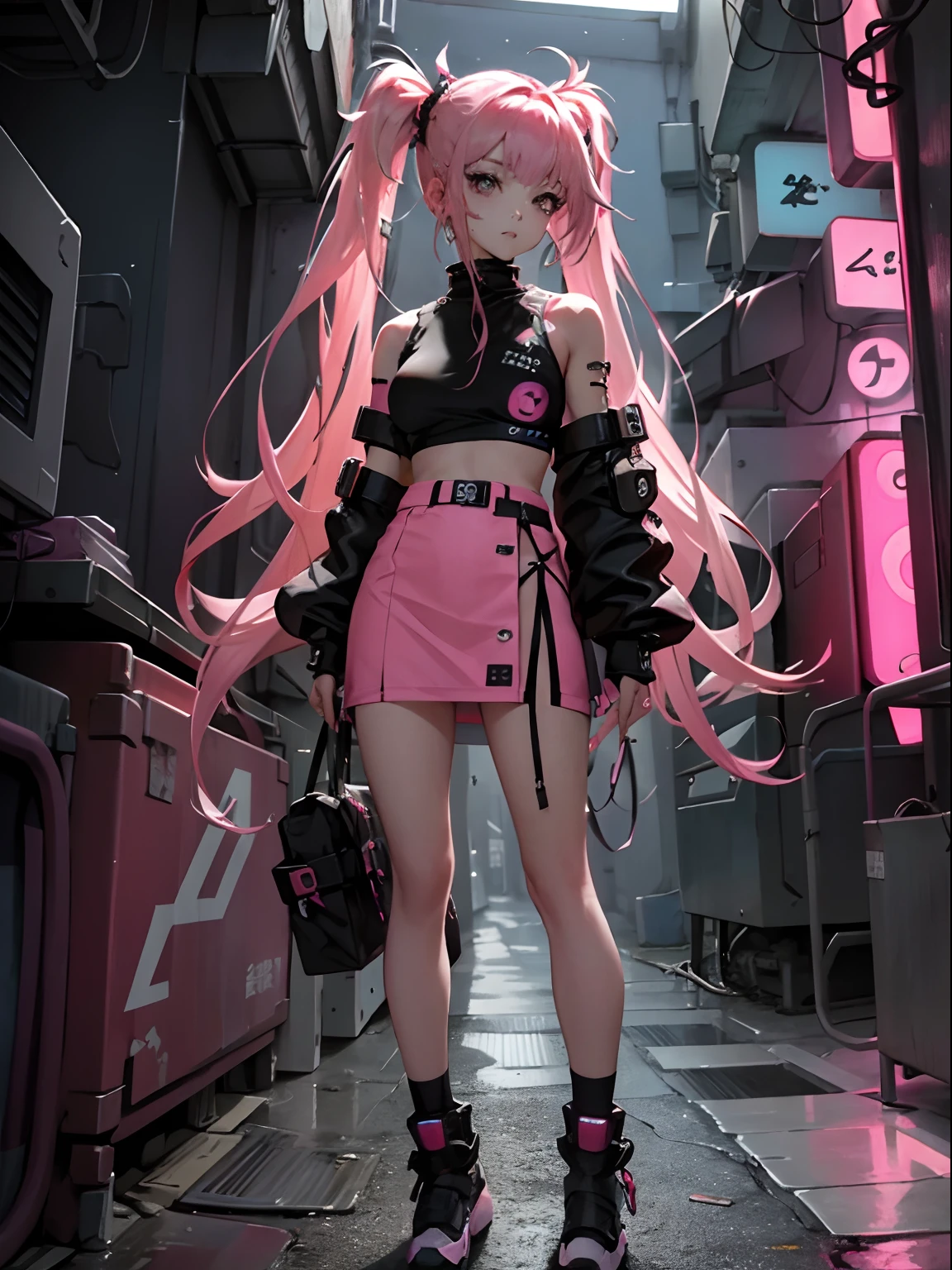 Beautiful woman pink twin tail long hair、cyberpunk style short clothes、gazing at viewer、front facing、full body Esbian