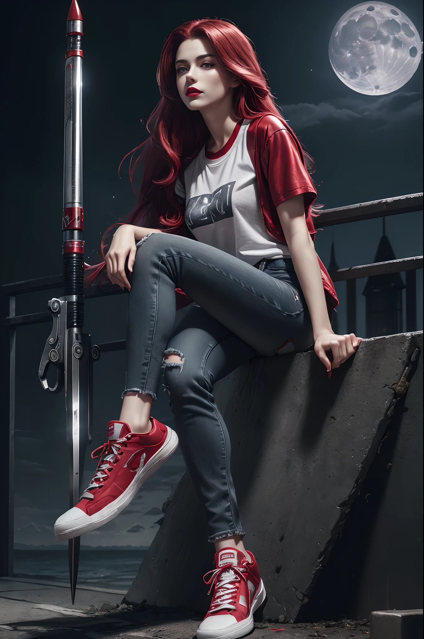 (Sci-fi fantasy), (Masterpiece), (professional oil painting) (best quality), (8k resolution), (1 beautiful girl), ((pale gray skin)), (iron gray skin), ((jeans clothes)),(red jacket)), ((sexy red t-shirt ), ((red lipstick)), ((black sneakers)), (comcept art), normal chest, (long hair), (messy hair), (red hair), (iron gray hair), ((with futuristic weapon)), (ammunition), ((moonlight of the night)), (sitting thinking)), beautiful face, goddess face