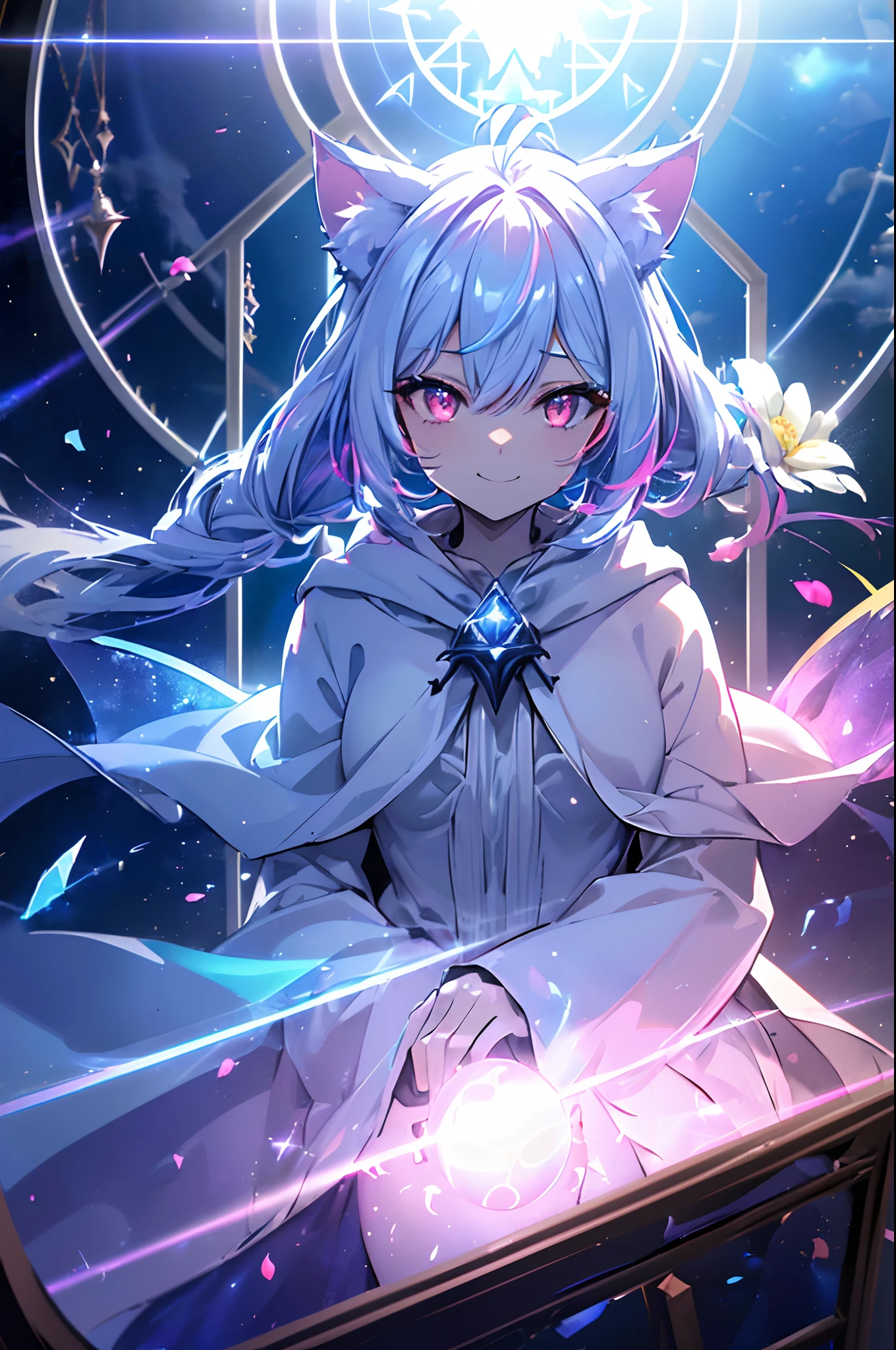 (Cat's ears:1.4)(Irridescent color、Bright pink and dark pink hair 1.4),(The length of the bangs was cut evenly,:1.3) ,(large twin tails:1.3),(Stardust Red Eyes:1.3), (perfectly detailed eyes:1.3),(angry、Smile:1.3),(Face Focus:1.3),(breast closeup:0.7), (Proudly mischievous smile:1.3),(Fun and fun,A smile:1.3),(Adventurer Wizard:1.3),(Extended Video Angle:1.4),(A wizard who manipulates fire:1.3),(dance:1.3),Her skin is pale,(Emitting an aura of light,(Face Zoom:1.3),Highest Quality, (Grip the magic ball accurately:1.3),(Many blue glowing blades fly around her:1.3),Complex castle town,Lens Flare, Big rainbow,The moon shines,money, bloom, ((light glow)), chromatic abberation], Digital Painting, Insane details, Intricate details, Beautifully color graded, Anime Clothing,Unreal Engine, Cinematic , colour grading, Editorial Photography , Photography, Kiss Shot, Canon 5D Camera Photography,Shot on 70mm lens, Depth of subject, ultra sharpness, nffsw, octane, Unreal, Dramatic light, Global Illumination,Motion Picture Film,rainbow,lensflare,(Flower Window Avenue:1.3),(White priestess cloak:1.3),(Agfacolor:1.3),(close portrait:1.3),(Feminine:1.4),(Beautiful:1.4),(Attractive:1.3),Move an angle,Themed Background,（Rainbow Church Background:1.3）