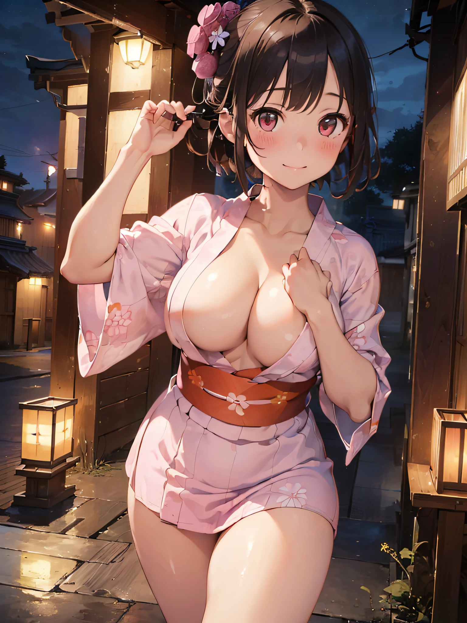 (​masterpiece:2.0), (top-quality:2.0), (naked:1.5), (super mini skirt extremely small pink yukata:1.5), (super thin fabric:1.5), (sexypose:1.5), (blushed face:1.3), (barechested:1.3), (realistic:1.5), 1 ***********, precise hands, Embarrassed look, light smile, Look at me and smile, extremely cute girl, innocent face, young face, Clear eyes, Shining eyes, small breast, (cleavage of the breast is visible:1.5), (the thighs is visible:1.5), The crotch is visible, No pubic hair, full body, The beautiful skin, ultra-definition, Top resolution, japan high school student, brown hair, at the night festival