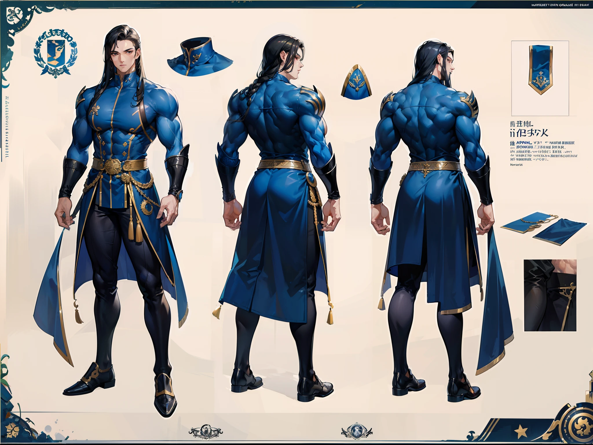 ((Masterpiece, Highest quality)), Detailed face, character design sheet， full bodyesbian, Full of details, frontal body view, back body view, Highly detailed, Depth, Many parts, Muscle boy with long black hair，handsome man, muscle body, navy, commander, man tall