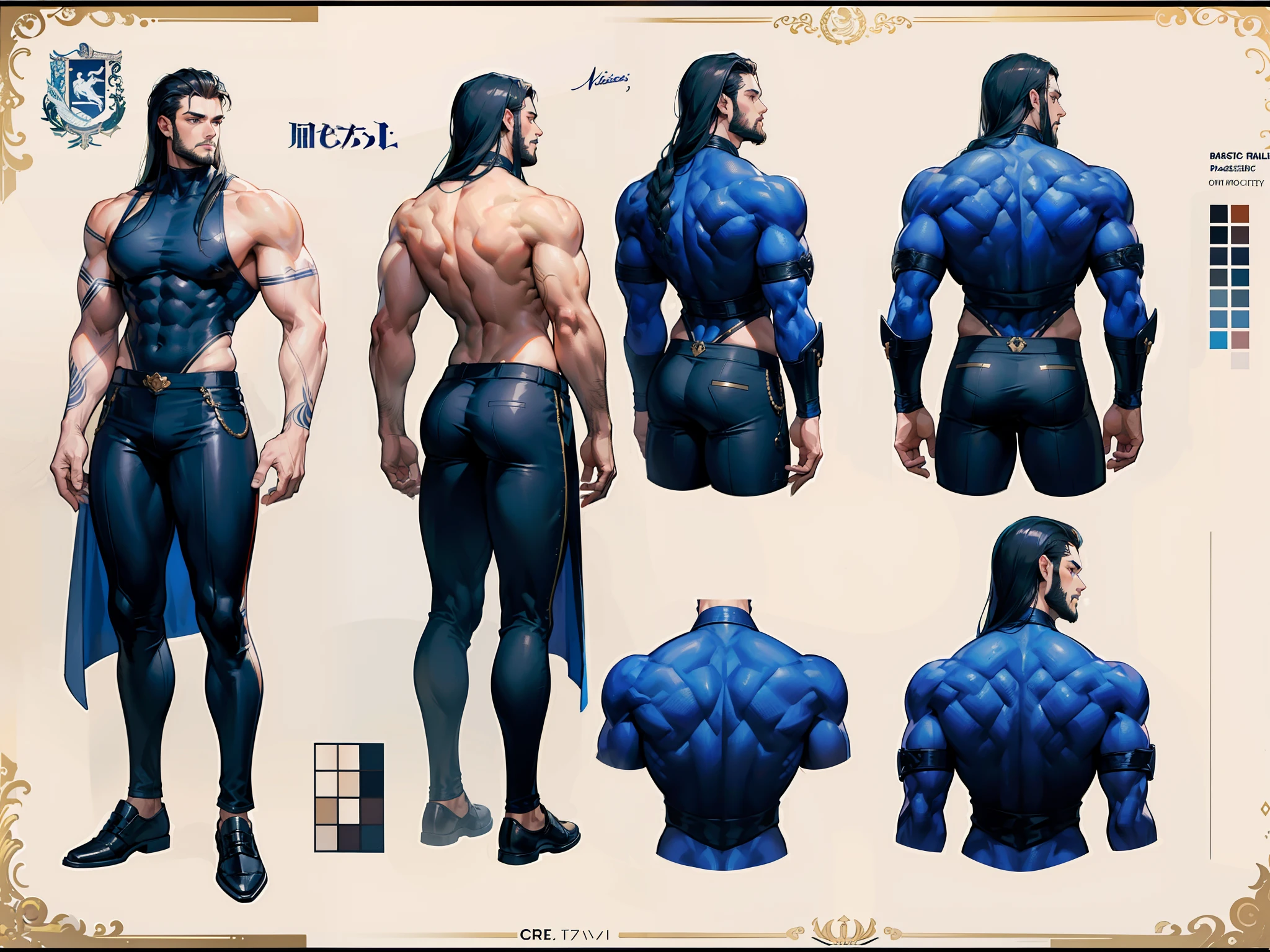 ((Masterpiece, Highest quality)), Detailed face, character design sheet， full bodyesbian, Full of details, frontal body view, back body view, Highly detailed, Depth, Many parts, Muscle boy with long black hair，handsome man, muscle body, navy, commander, man tall