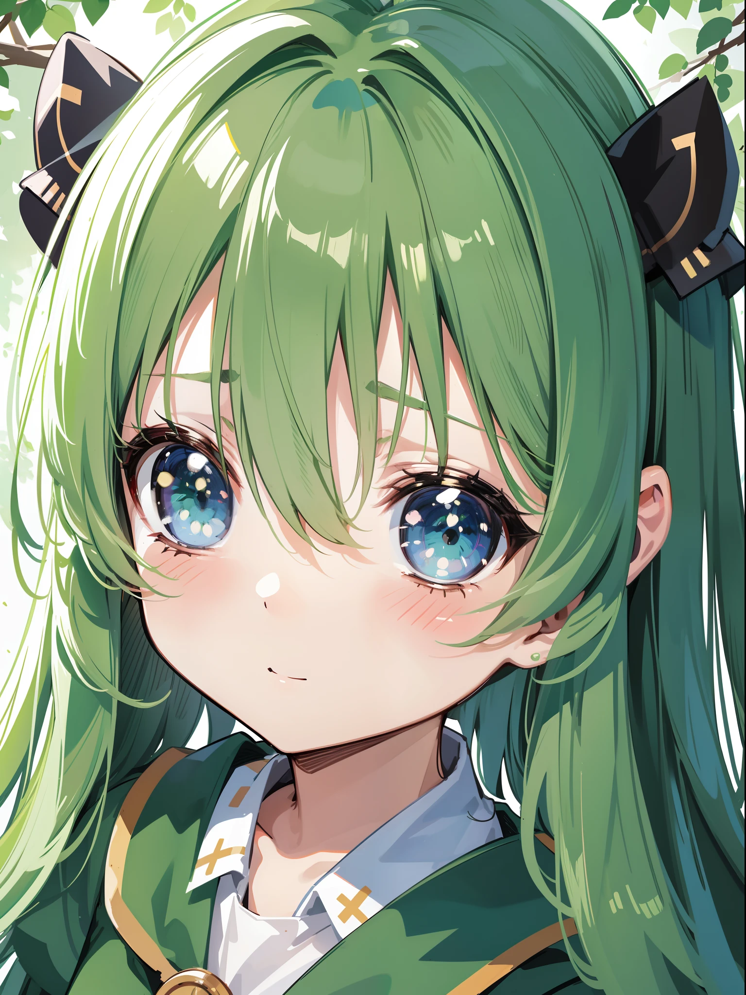 character portrait closeup,sketching,.tchibi,Kawaii little girl, Green long hair,green pupills,tilts your head,avatar close up,grieves,forest backgrou,Detailed facial depiction